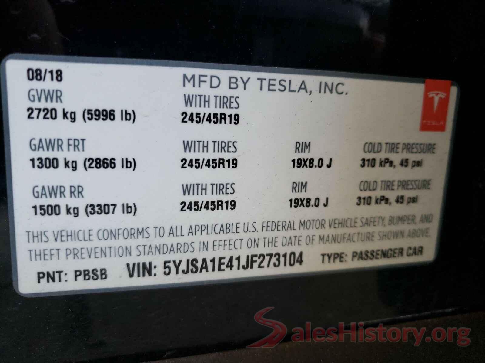 5YJSA1E41JF273104 2018 TESLA MODEL S