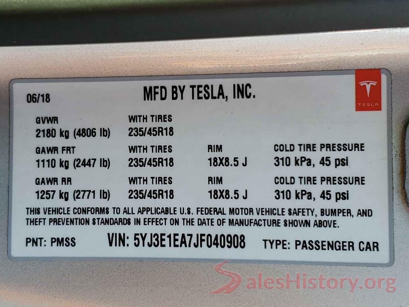 5YJ3E1EA7JF040908 2018 TESLA MODEL 3