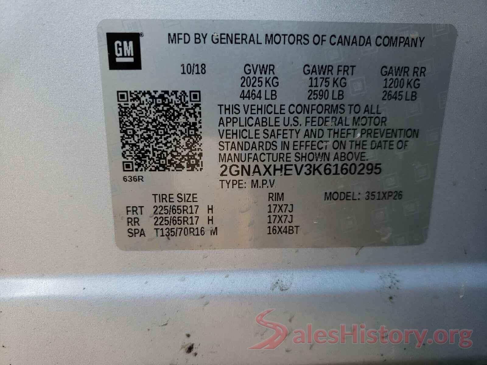 2GNAXHEV3K6160295 2019 CHEVROLET EQUINOX