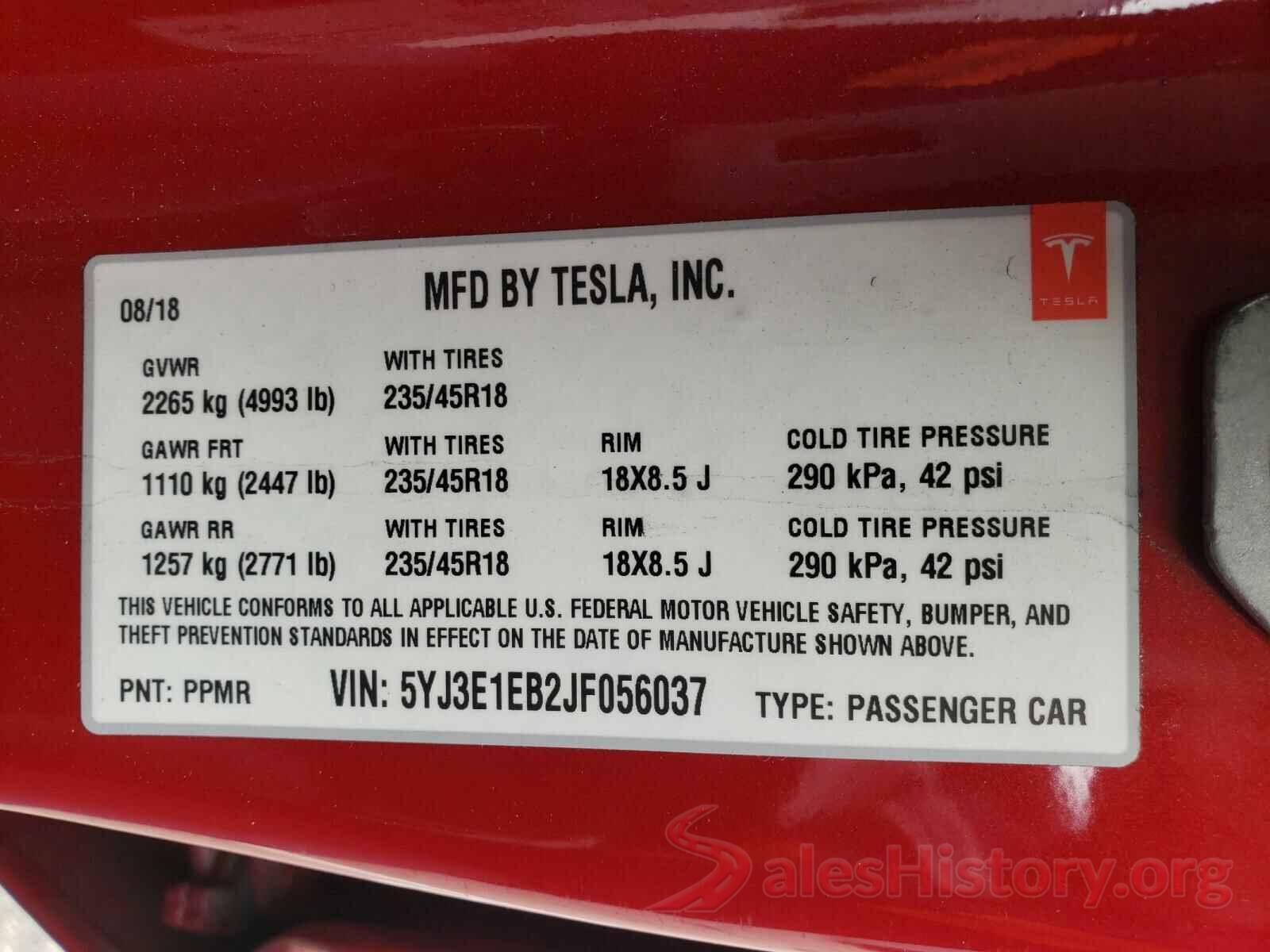 5YJ3E1EB2JF056037 2018 TESLA MODEL 3