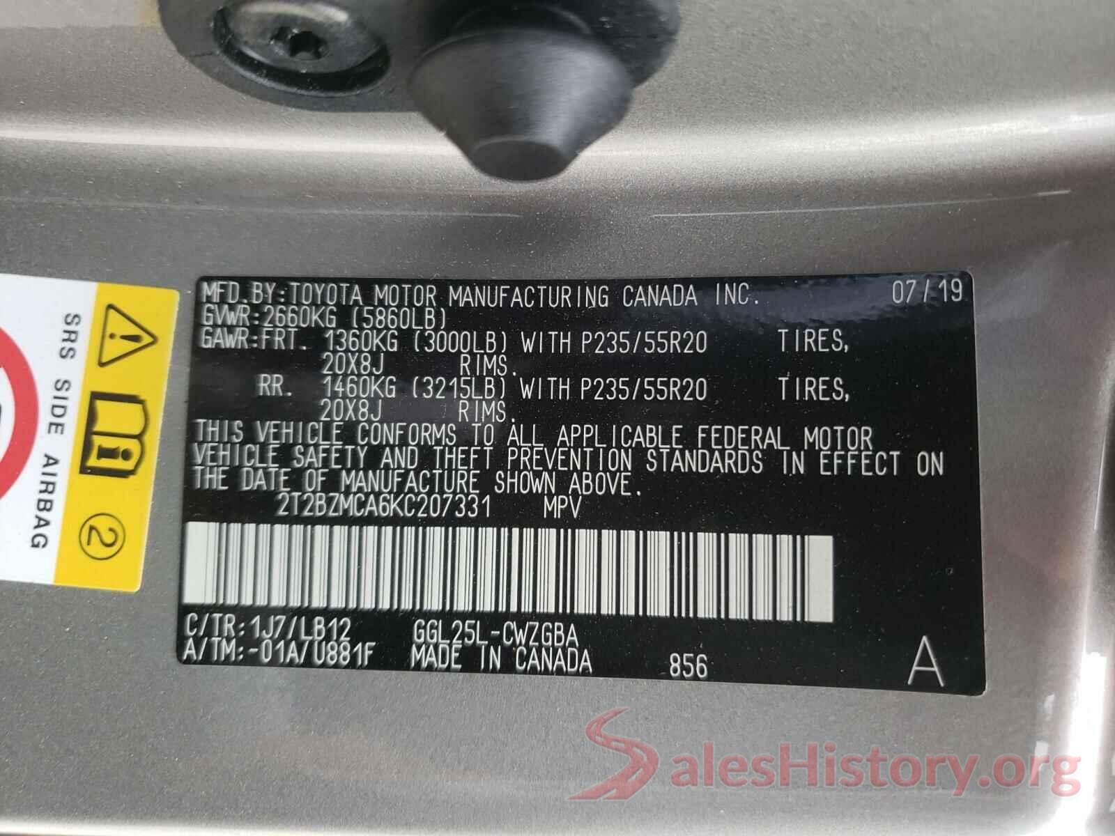 2T2BZMCA6KC207331 2019 LEXUS RX350