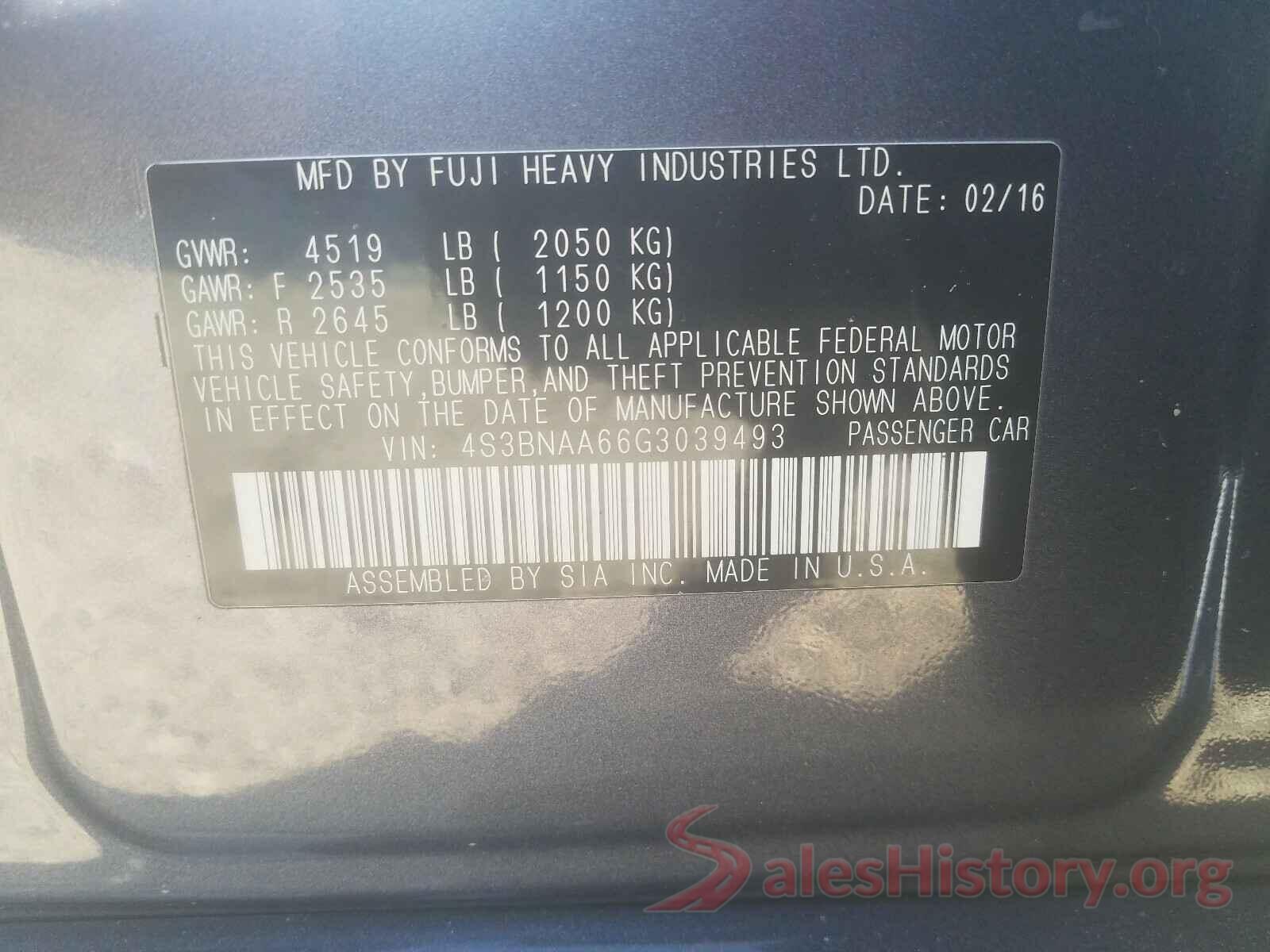 4S3BNAA66G3039493 2016 SUBARU LEGACY