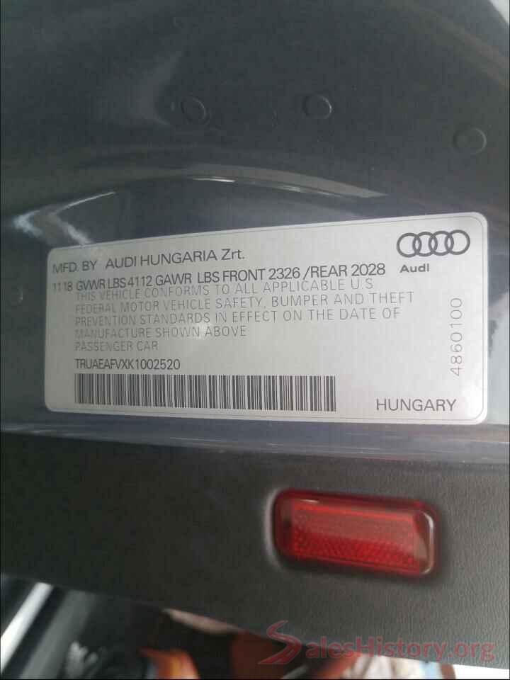 TRUAEAFVXK1002520 2019 AUDI TT