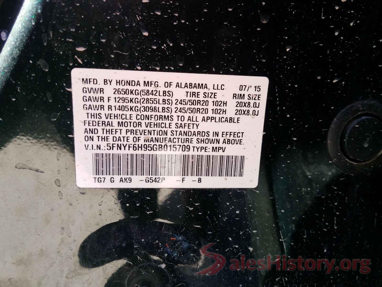 5FNYF6H95GB015709 2016 HONDA PILOT