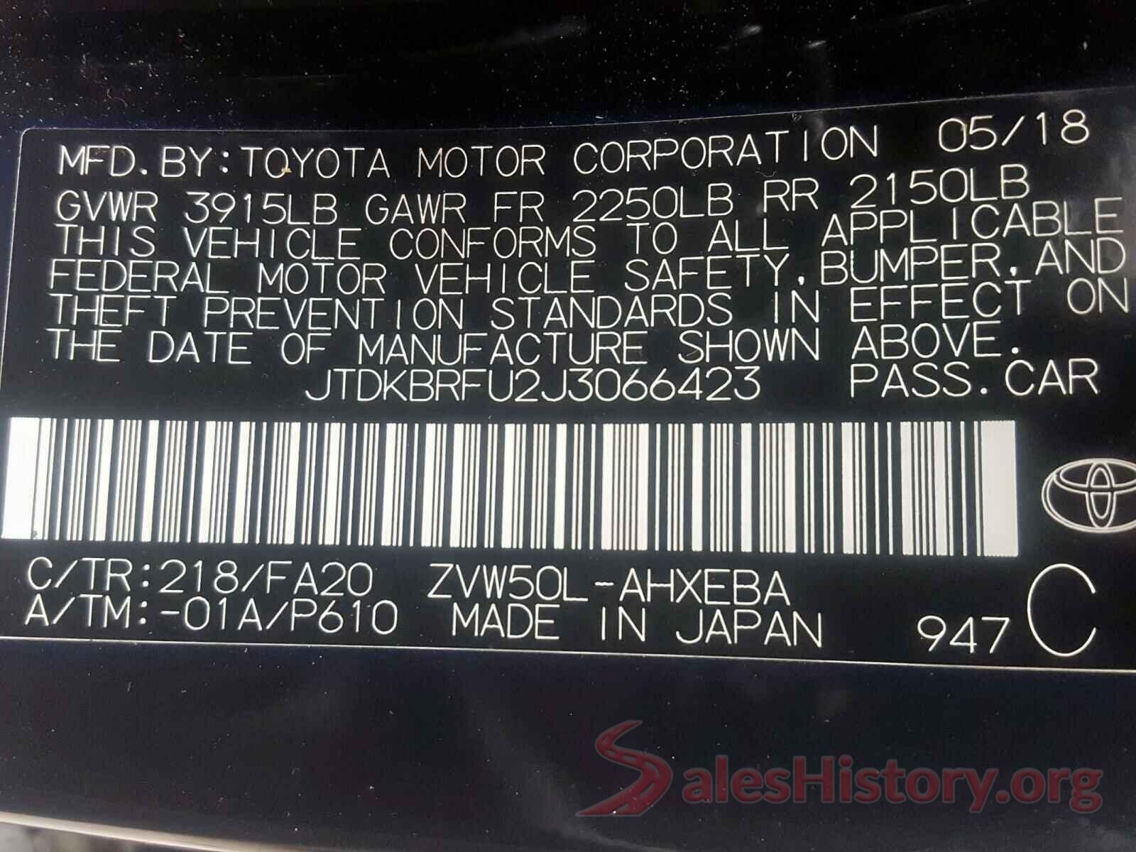 JTDKBRFU2J3066423 2018 TOYOTA PRIUS