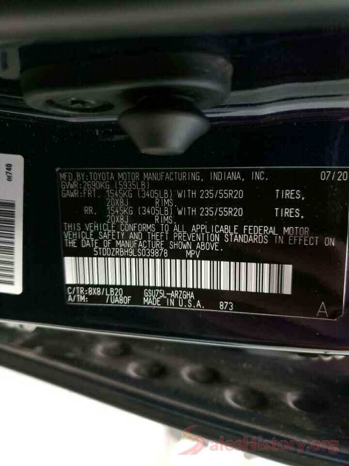 5TDDZRBH9LS039878 2020 TOYOTA HIGHLANDER