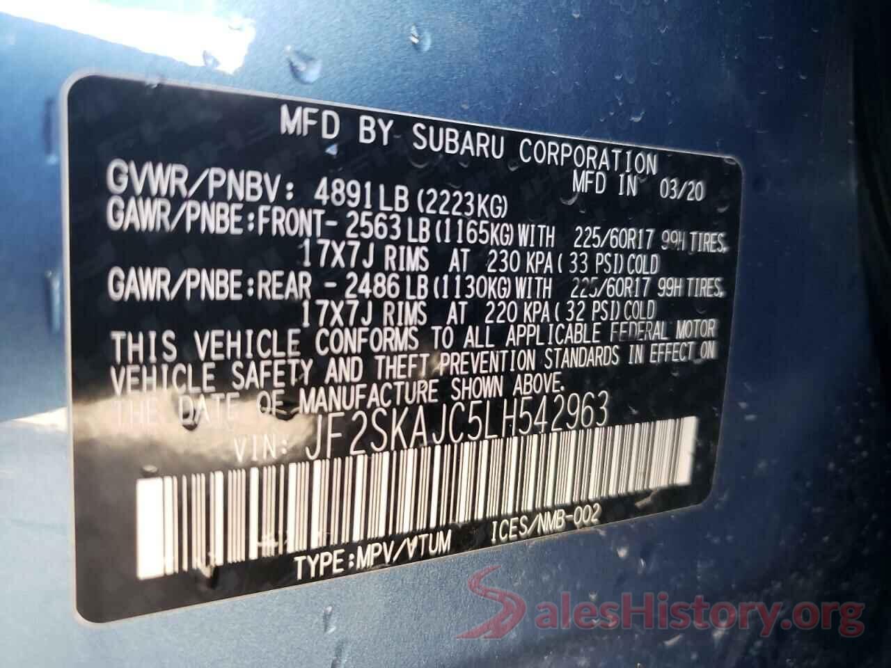 JF2SKAJC5LH542963 2020 SUBARU FORESTER