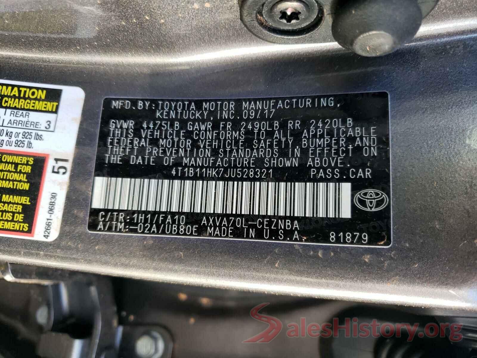 4T1B11HK7JU528321 2018 TOYOTA CAMRY