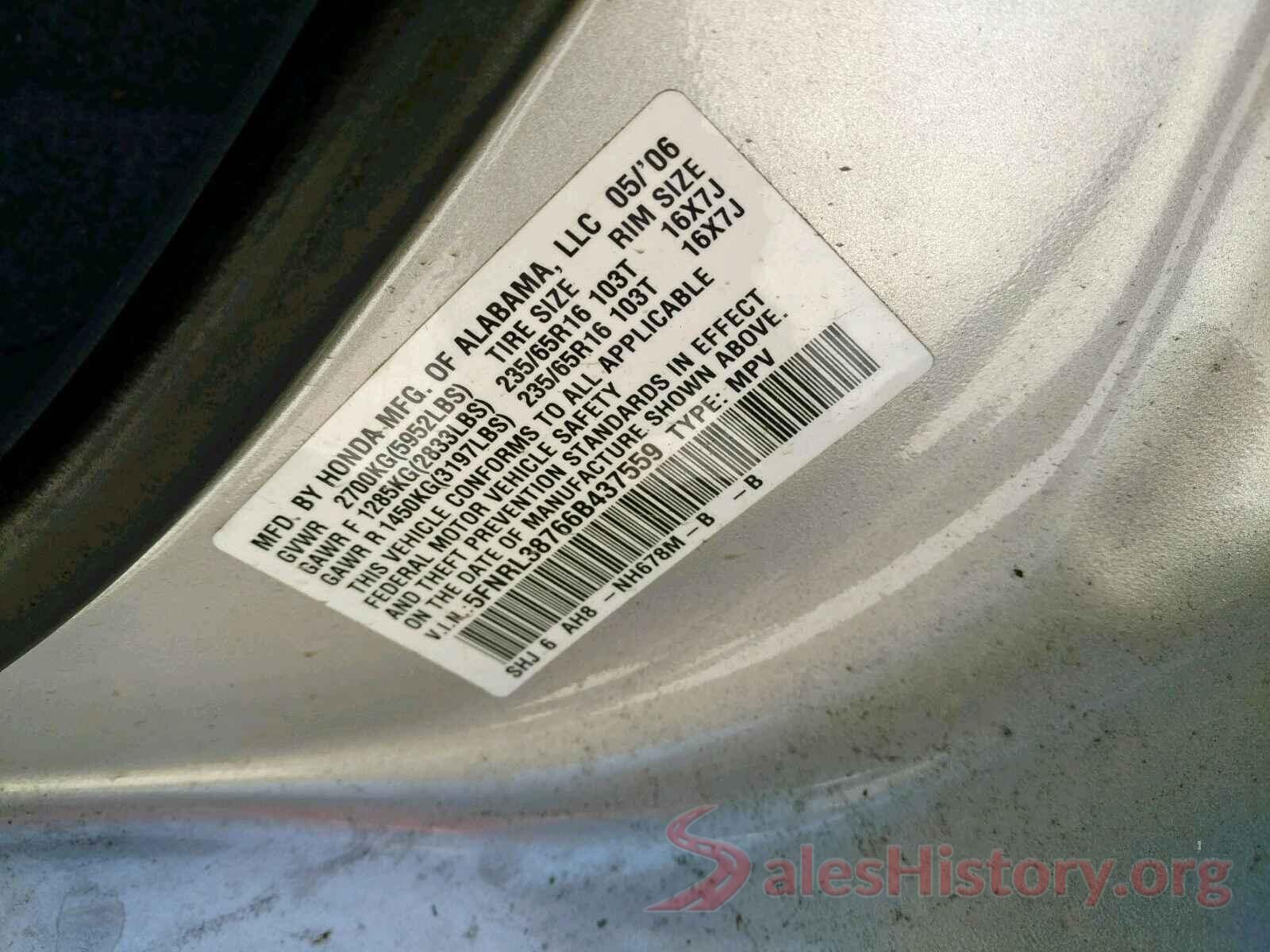 5FNRL38766B437559 2006 HONDA ODYSSEY EX