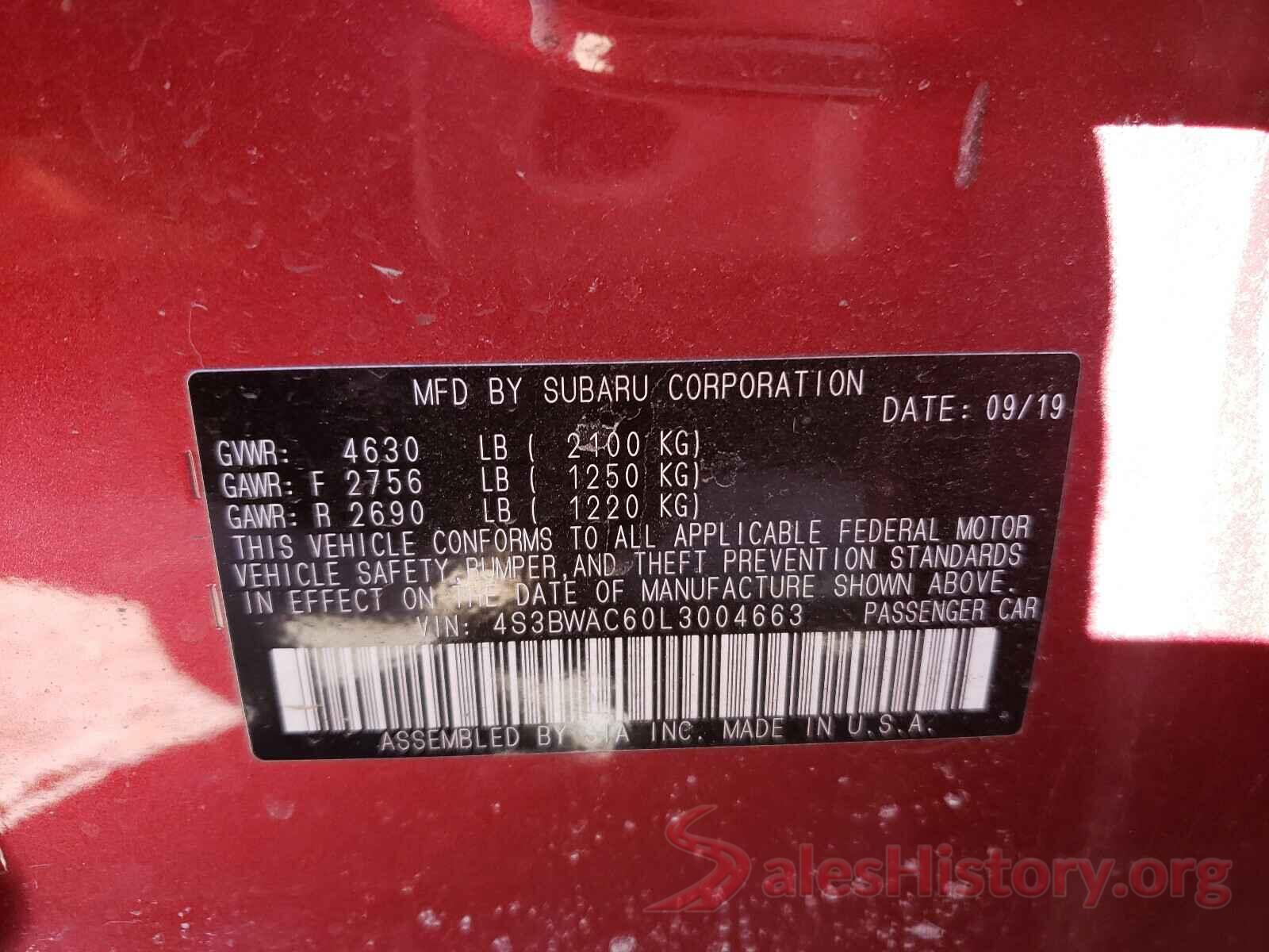 4S3BWAC60L3004663 2020 SUBARU LEGACY