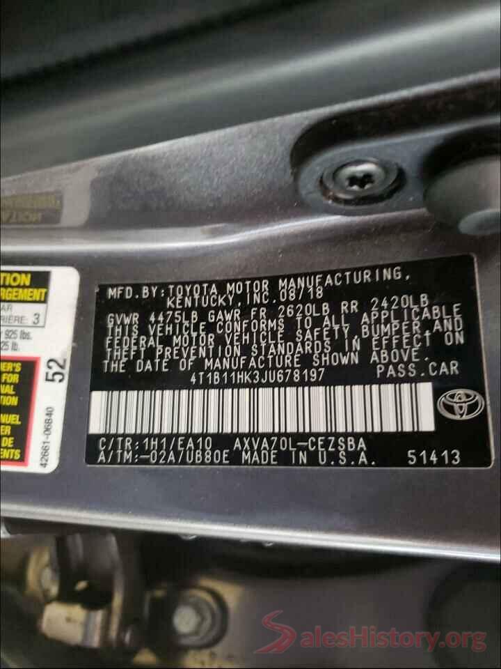 4T1B11HK3JU678197 2018 TOYOTA CAMRY