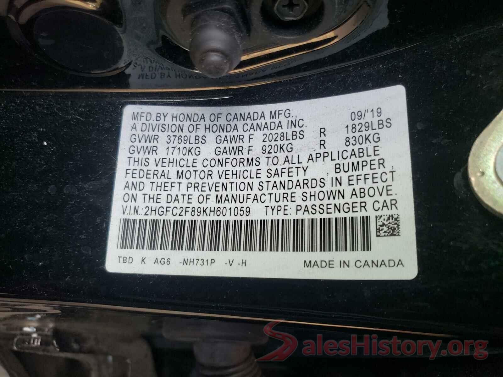 2HGFC2F89KH601059 2019 HONDA CIVIC