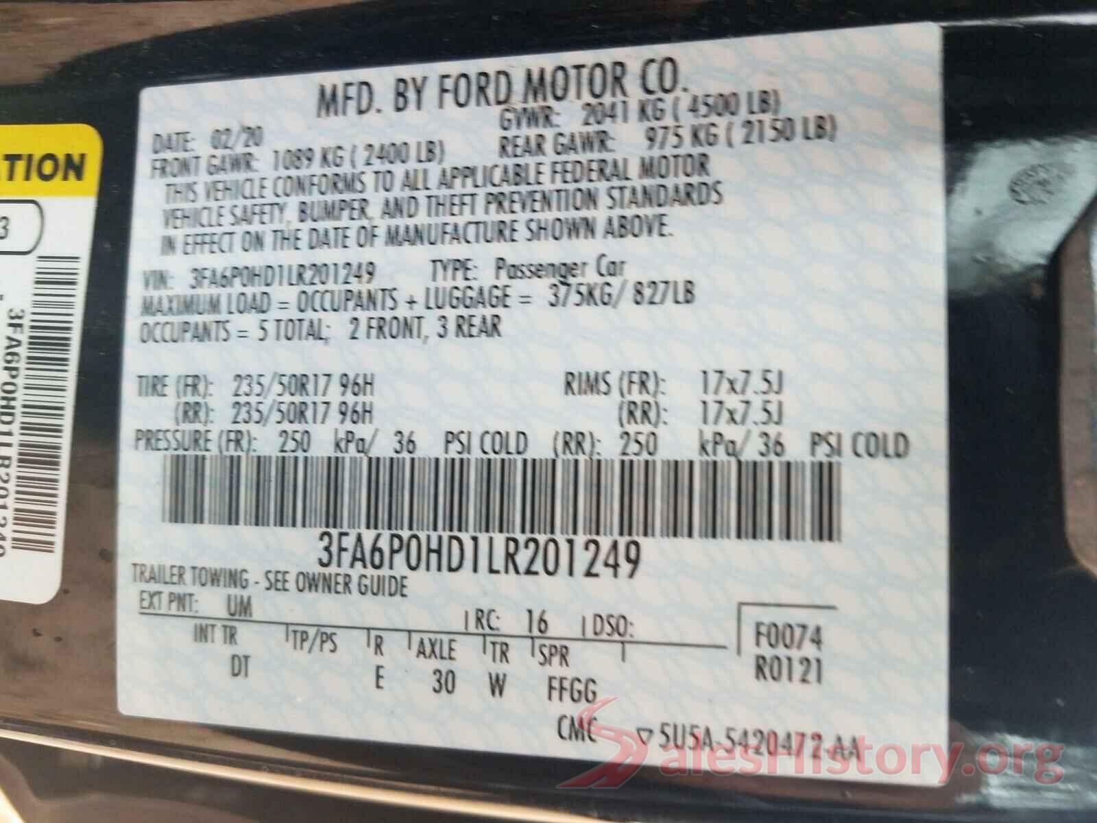 3FA6P0HD1LR201249 2020 FORD FUSION