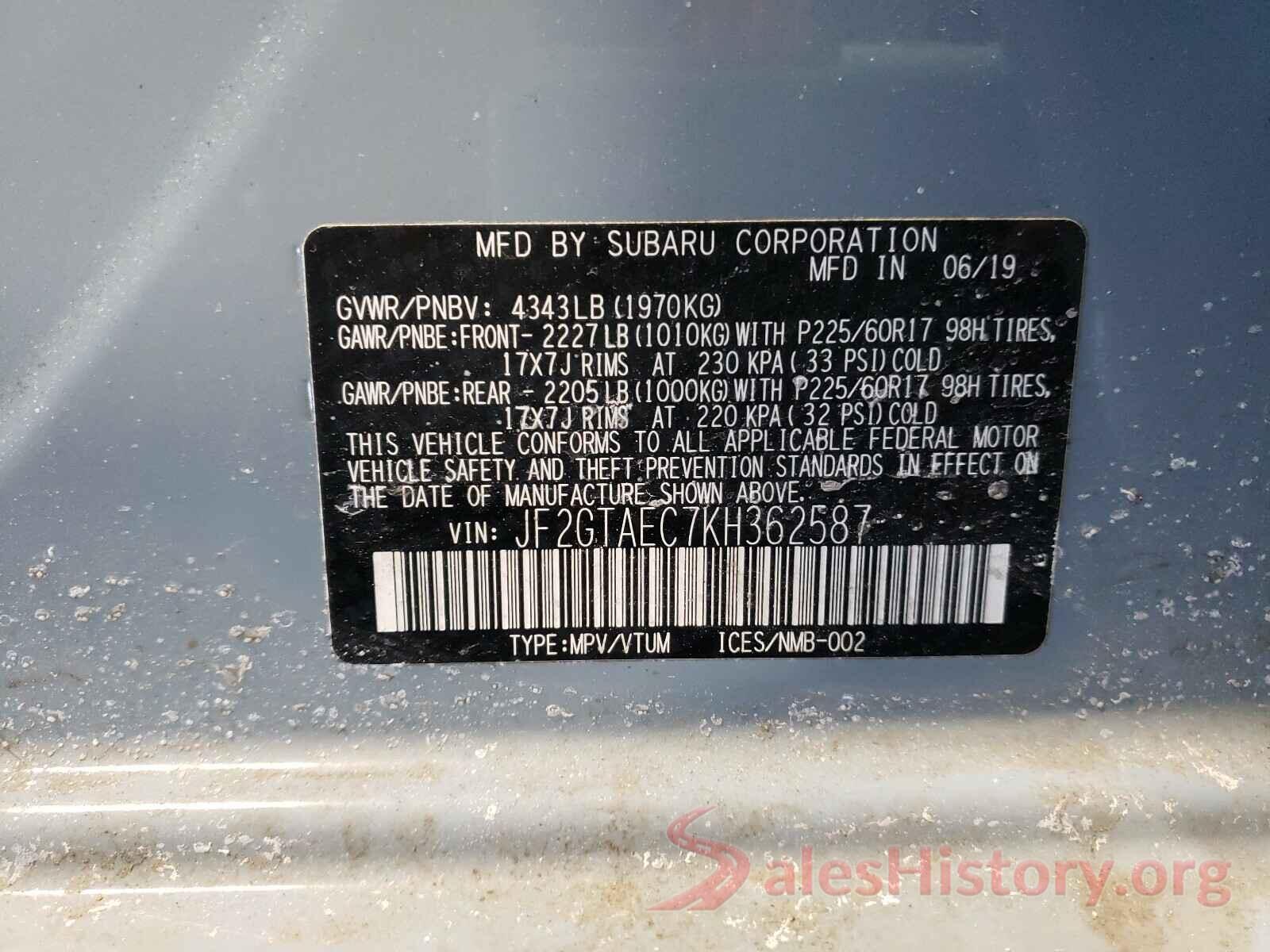 JF2GTAEC7KH362587 2019 SUBARU CROSSTREK