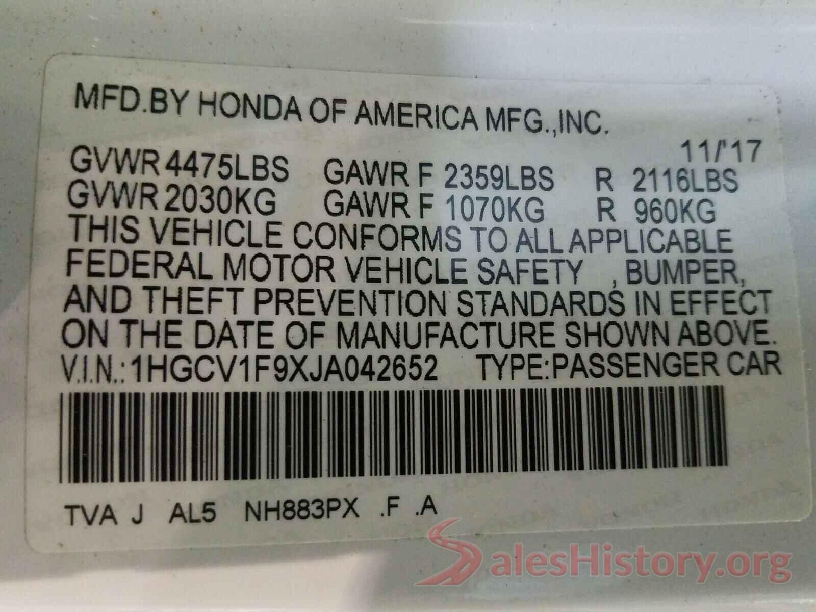 1HGCV1F9XJA042652 2018 HONDA ACCORD