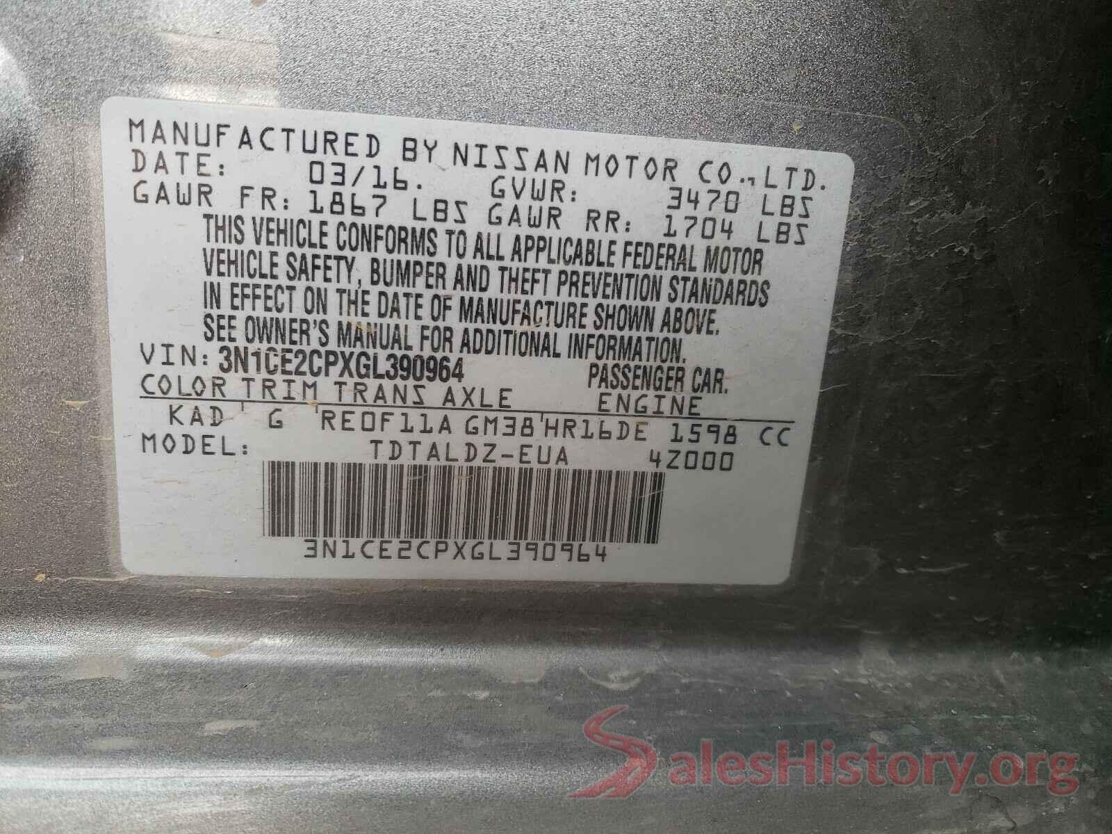 3N1CE2CPXGL390964 2016 NISSAN VERSA