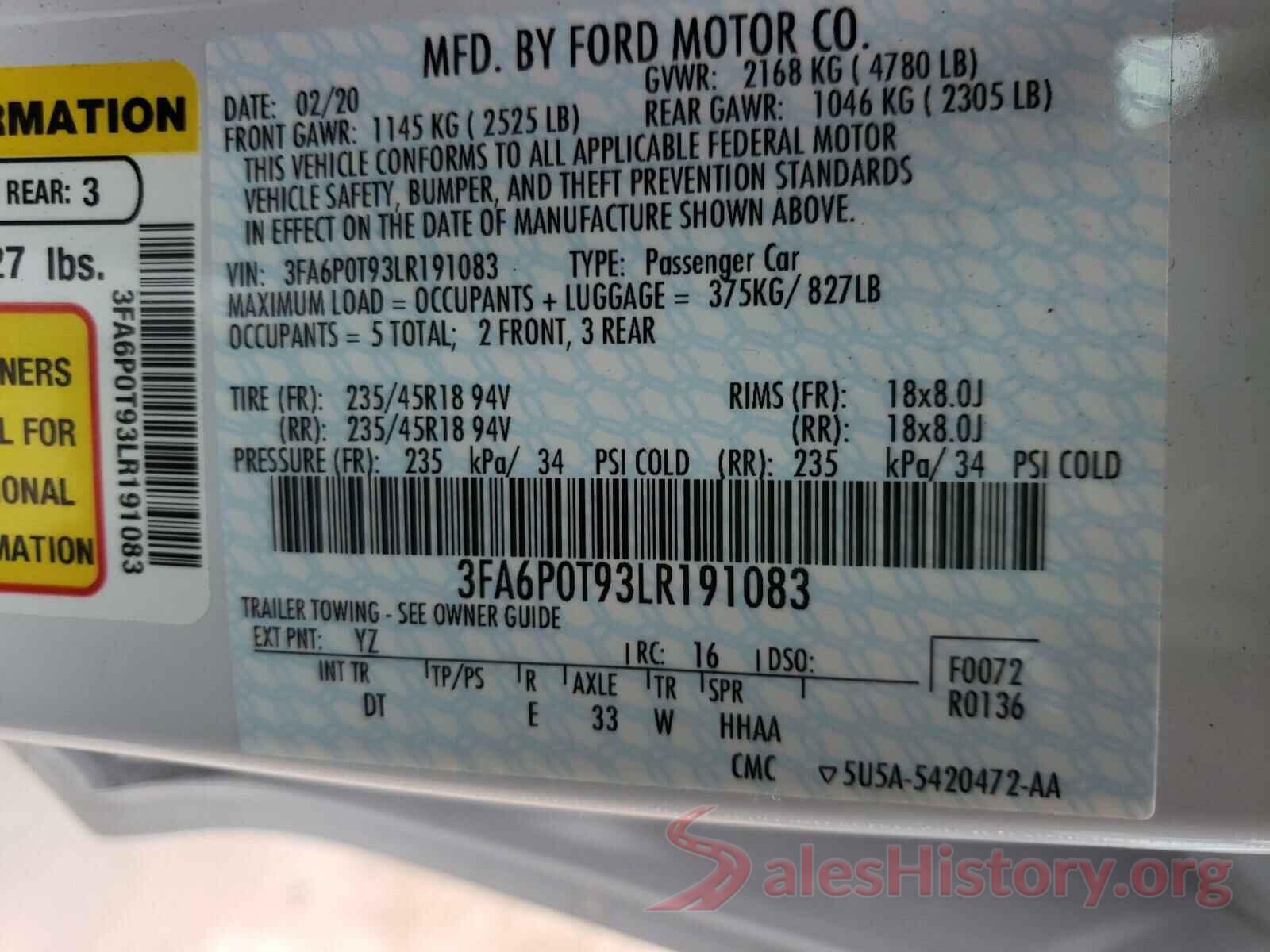 3FA6P0T93LR191083 2020 FORD FUSION