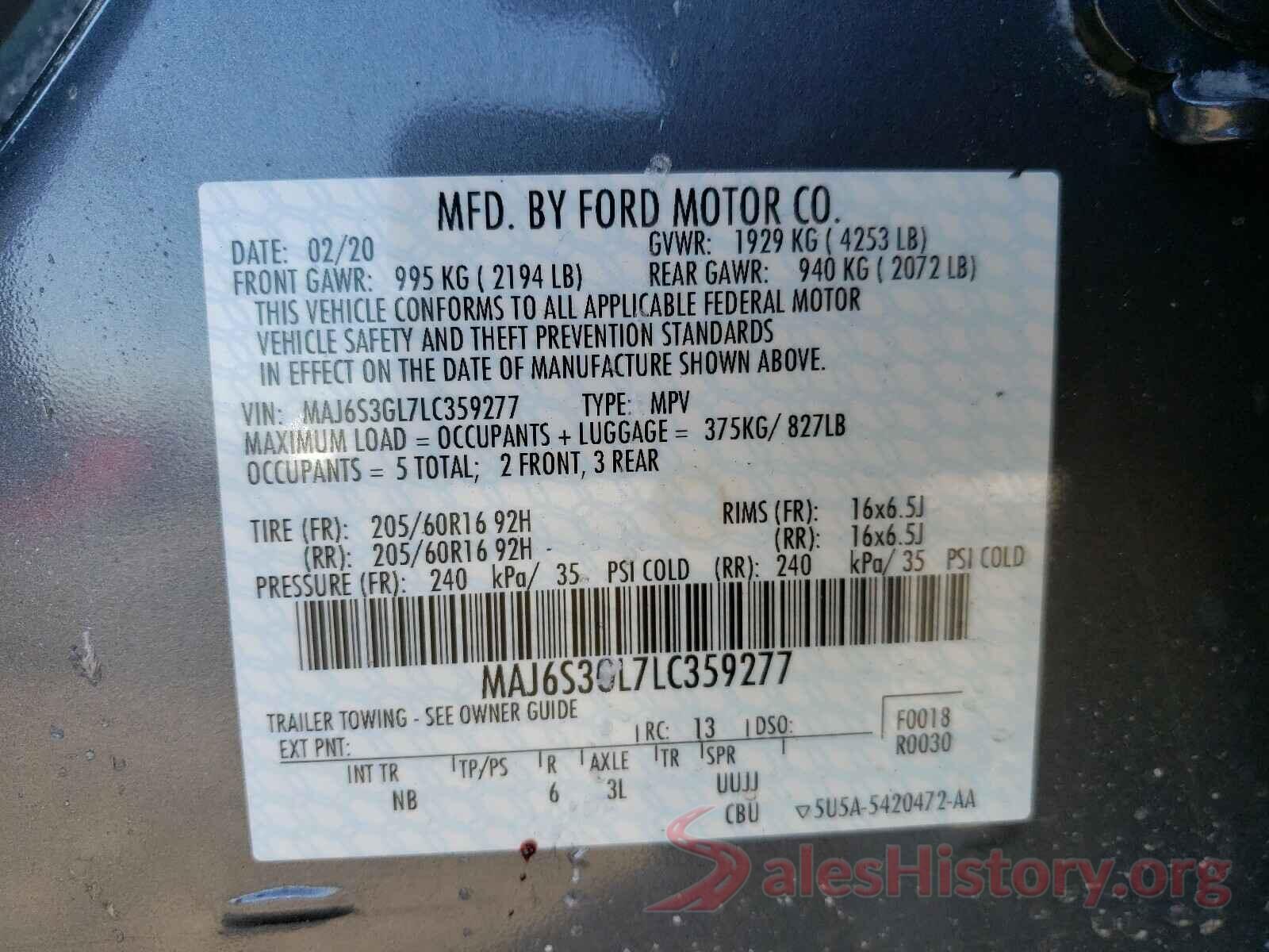 MAJ6S3GL7LC359277 2020 FORD ALL OTHER