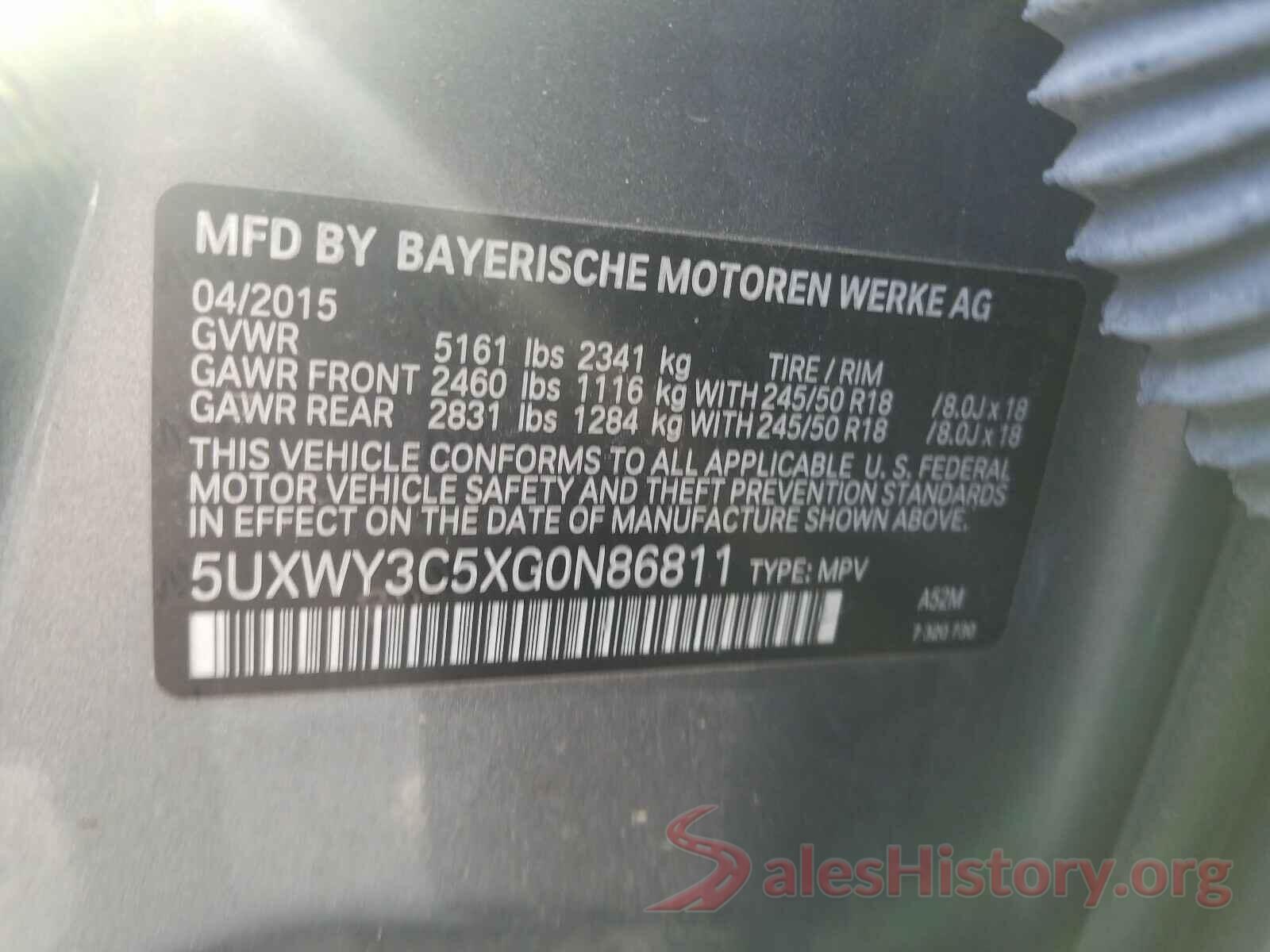 5UXWY3C5XG0N86811 2016 BMW X3