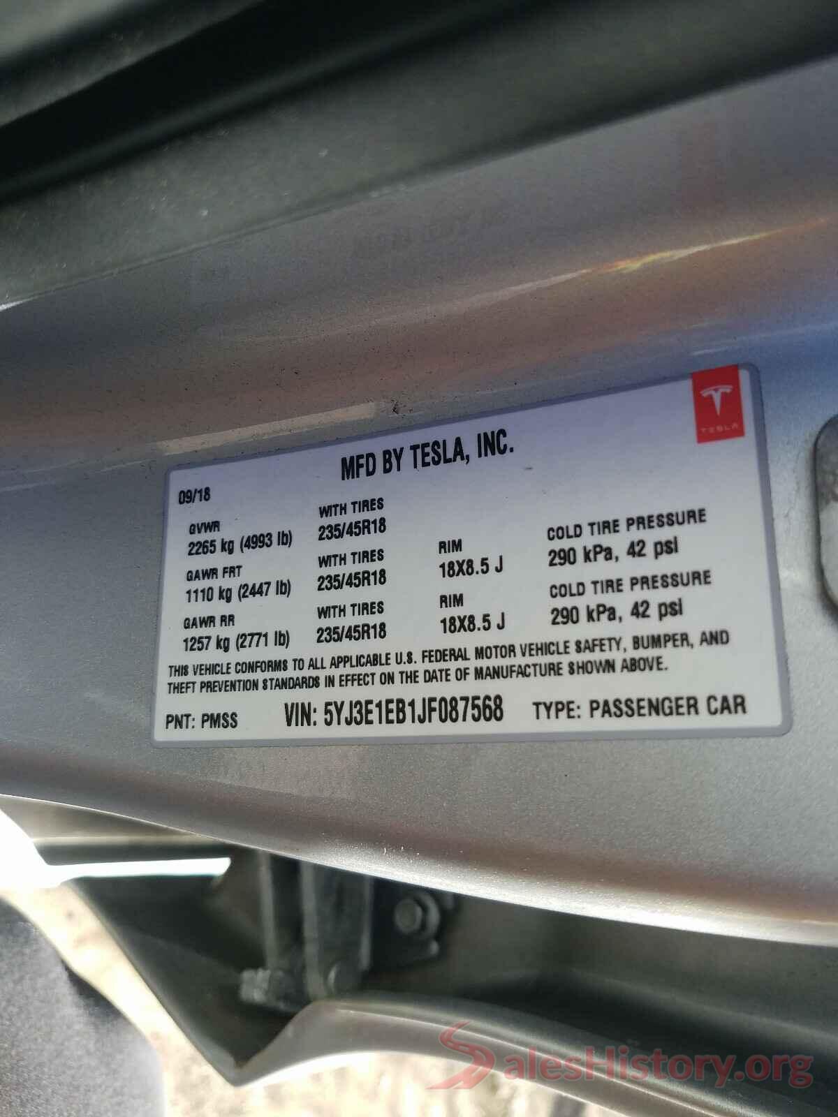 5YJ3E1EB1JF087568 2018 TESLA MODEL 3