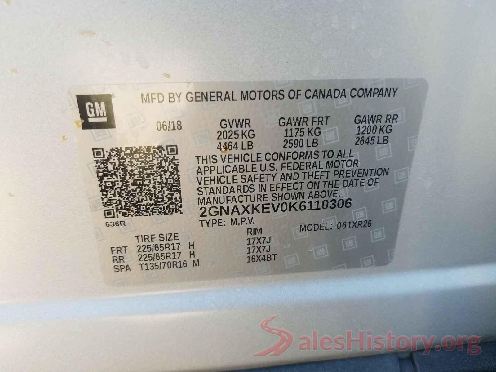 2GNAXKEV0K6110306 2019 CHEVROLET EQUINOX