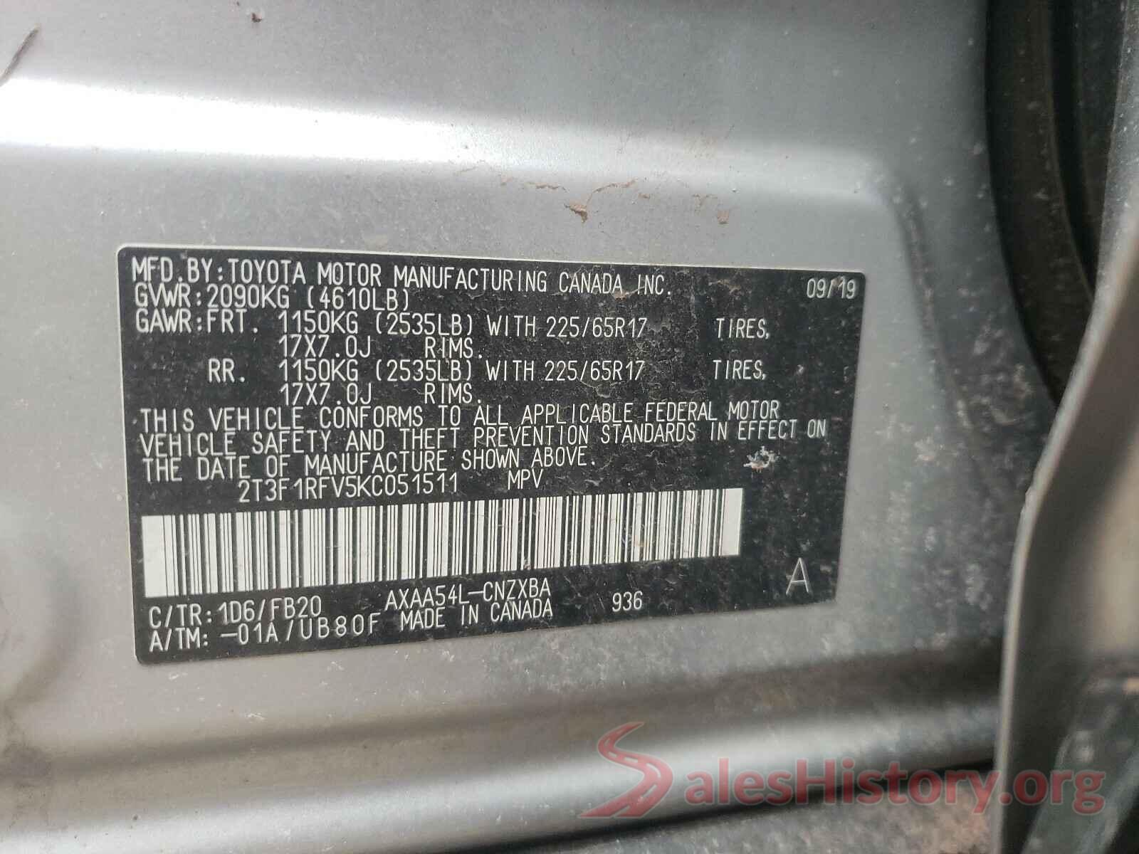 2T3F1RFV5KC051511 2019 TOYOTA RAV4