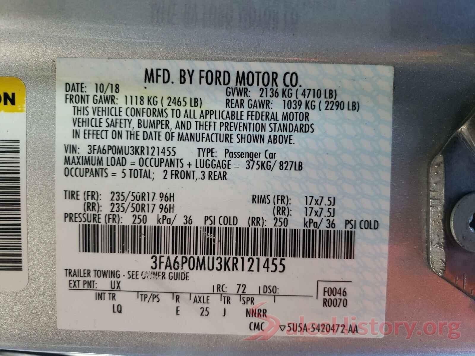 3FA6P0MU3KR121455 2019 FORD FUSION