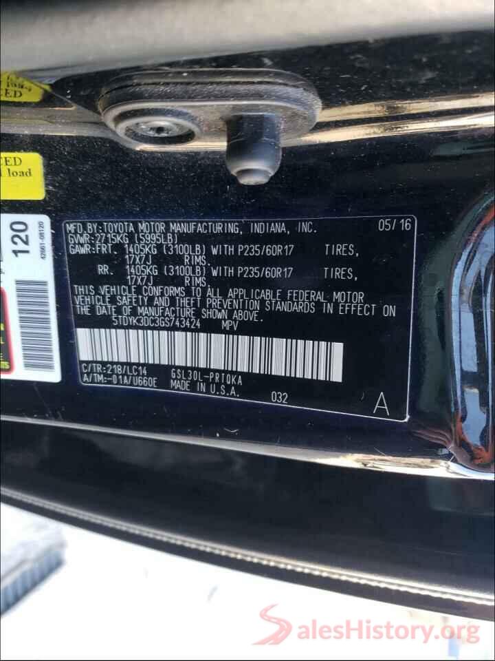 5TDYK3DC3GS743424 2016 TOYOTA SIENNA