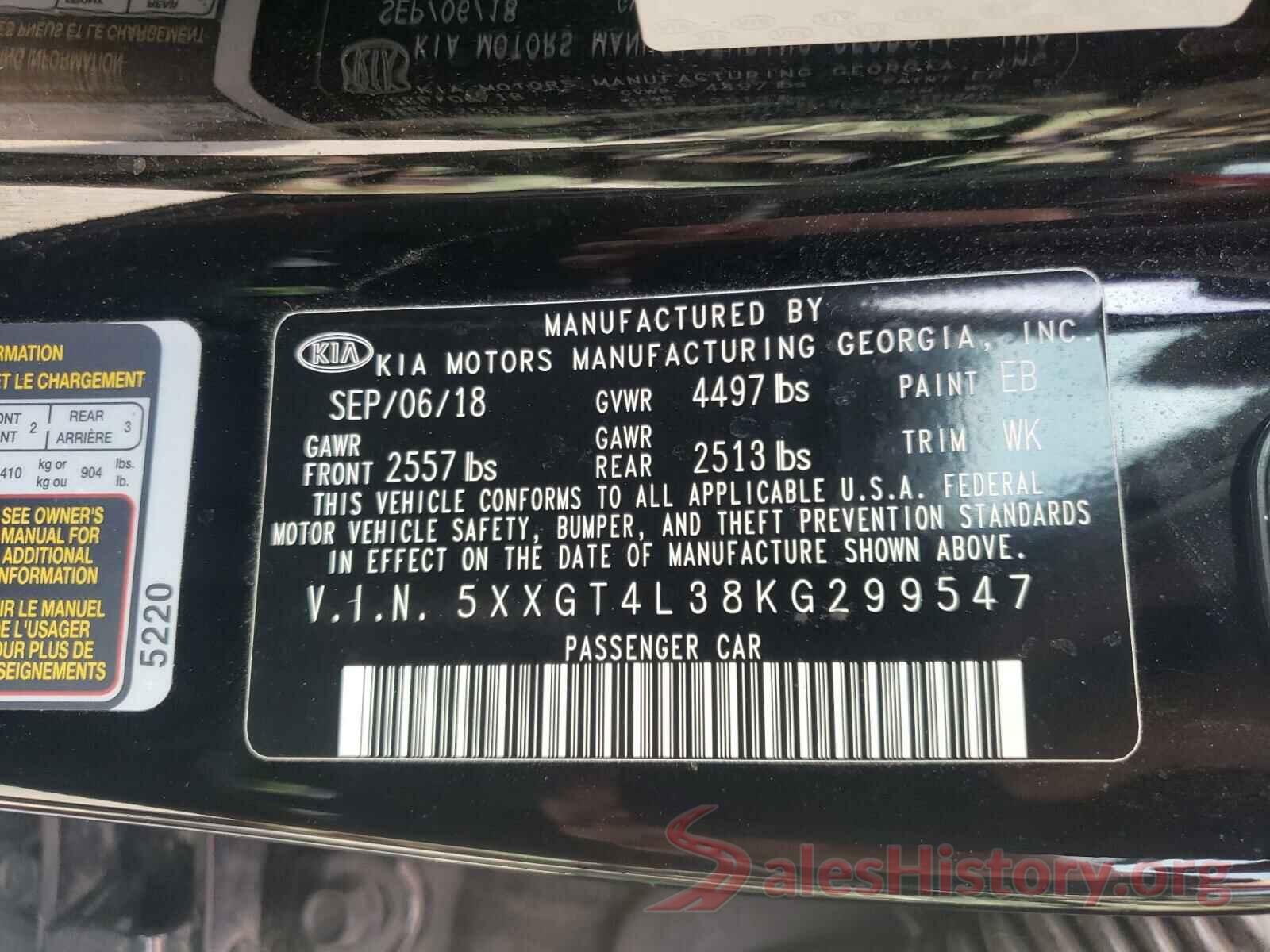 5XXGT4L38KG299547 2019 KIA OPTIMA