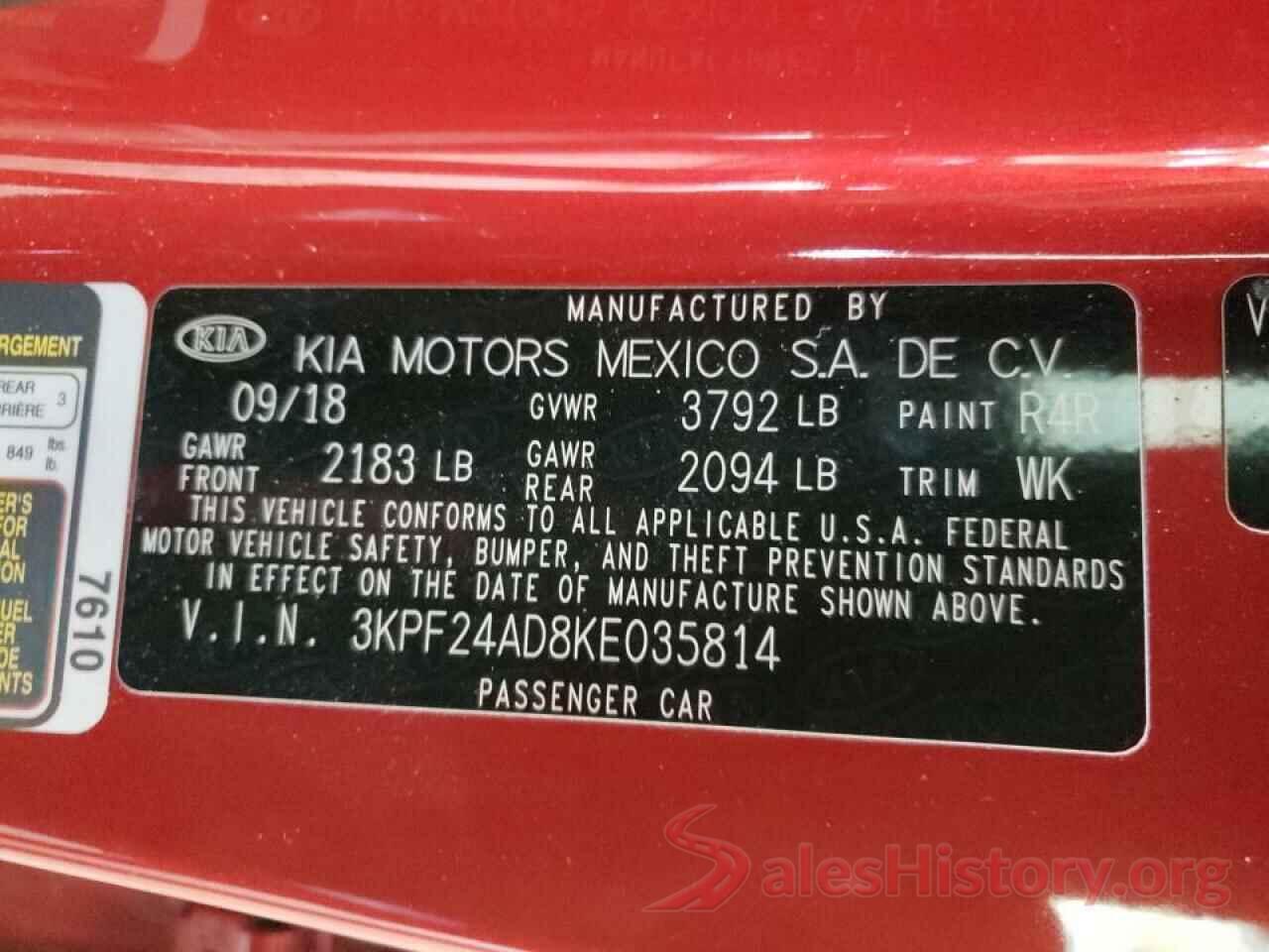 3KPF24AD8KE035814 2019 KIA FORTE