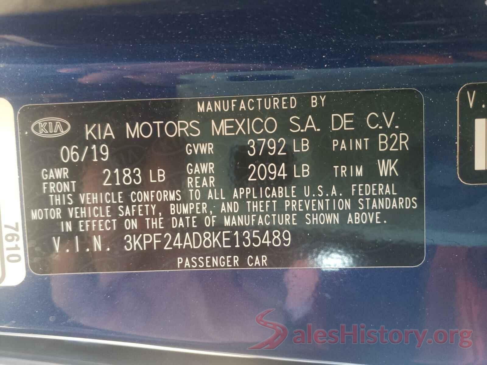 3KPF24AD8KE135489 2019 KIA FORTE