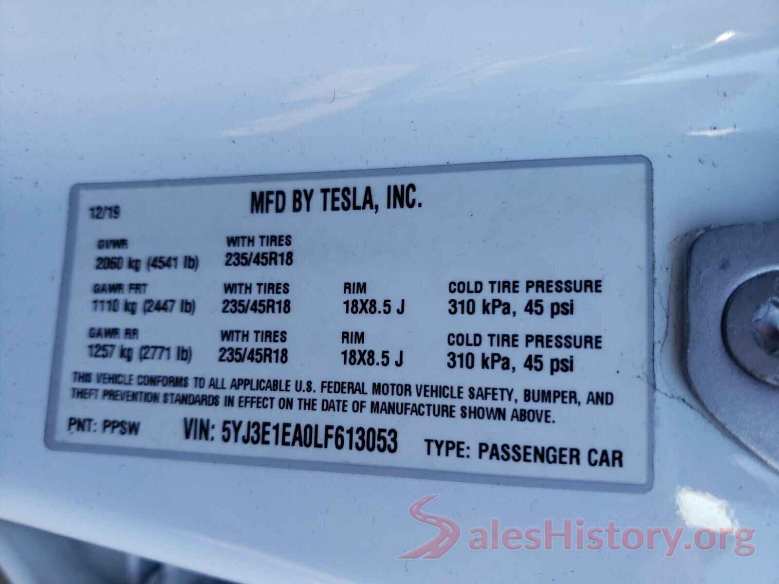 5YJ3E1EA0LF613053 2020 TESLA MODEL 3