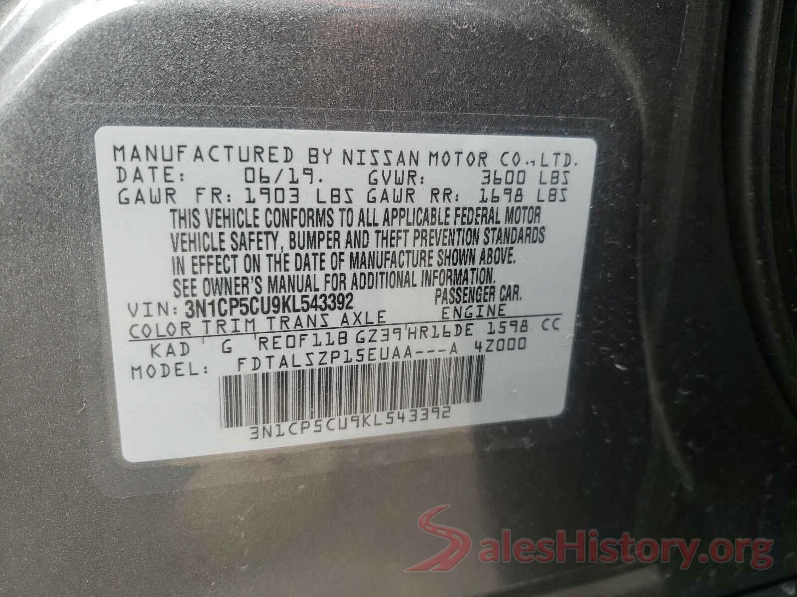 3N1CP5CU9KL543392 2019 NISSAN KICKS