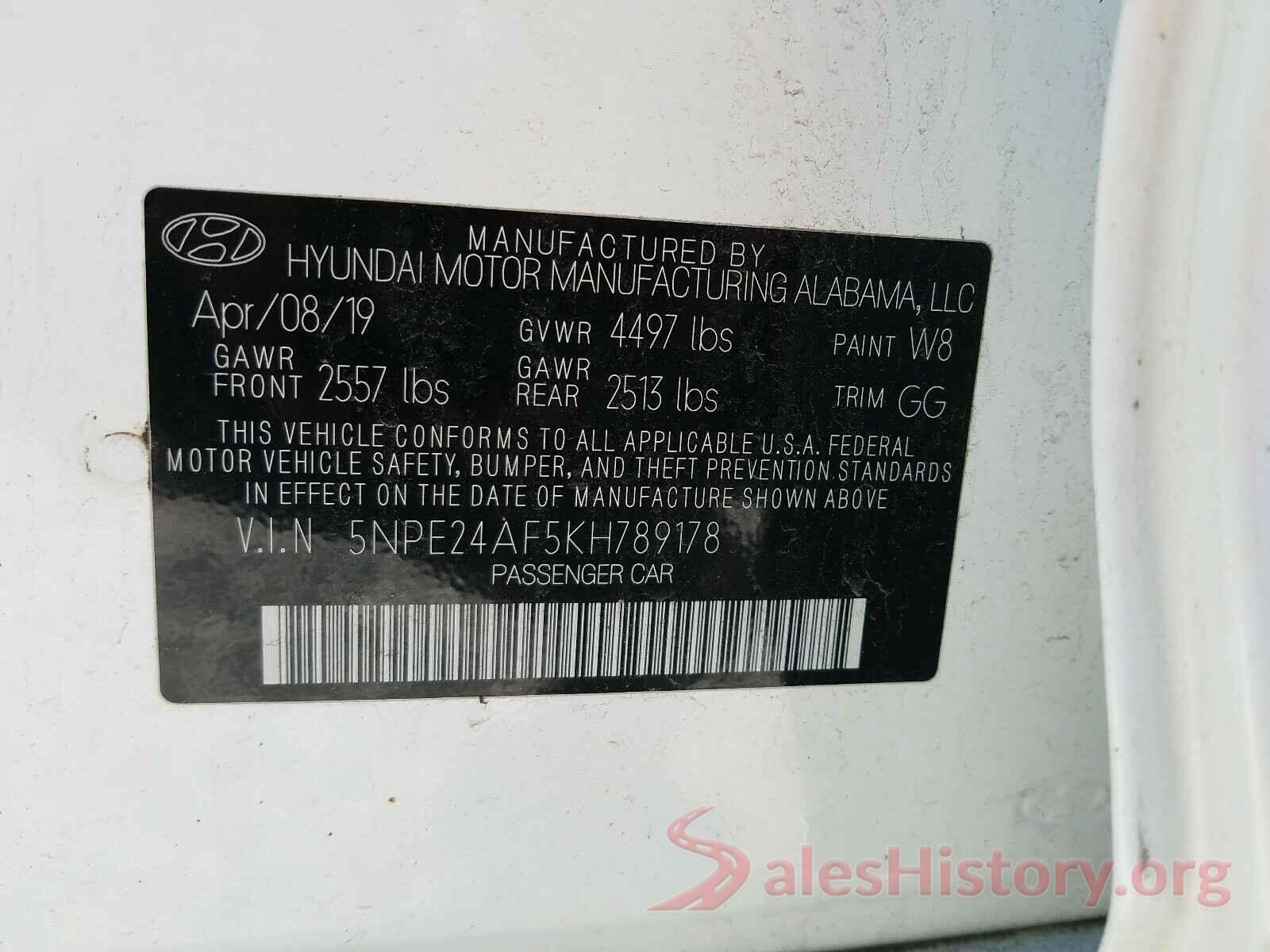 5NPE24AF5KH789178 2019 HYUNDAI SONATA