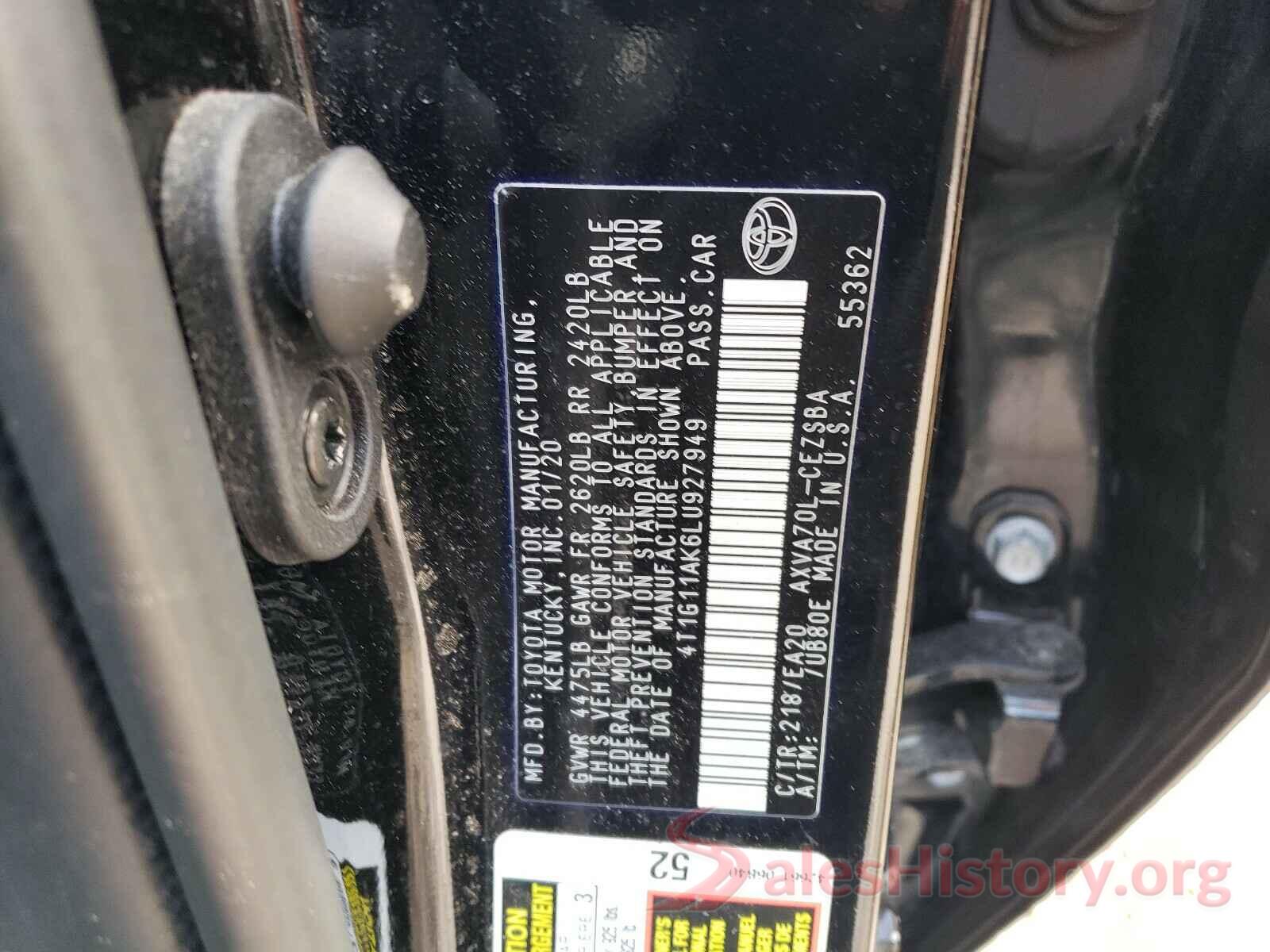 4T1G11AK6LU927949 2020 TOYOTA CAMRY