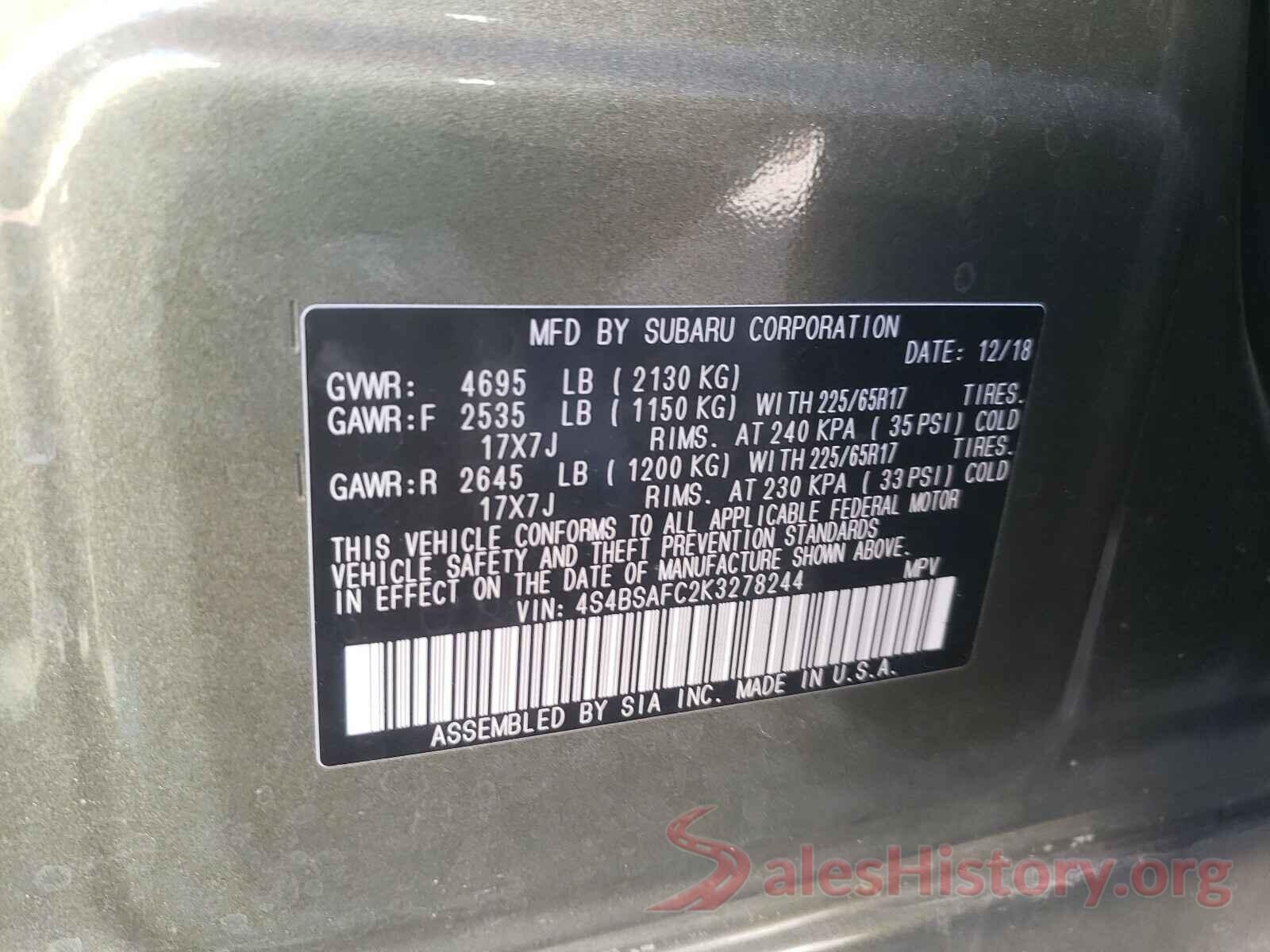 4S4BSAFC2K3278244 2019 SUBARU OUTBACK