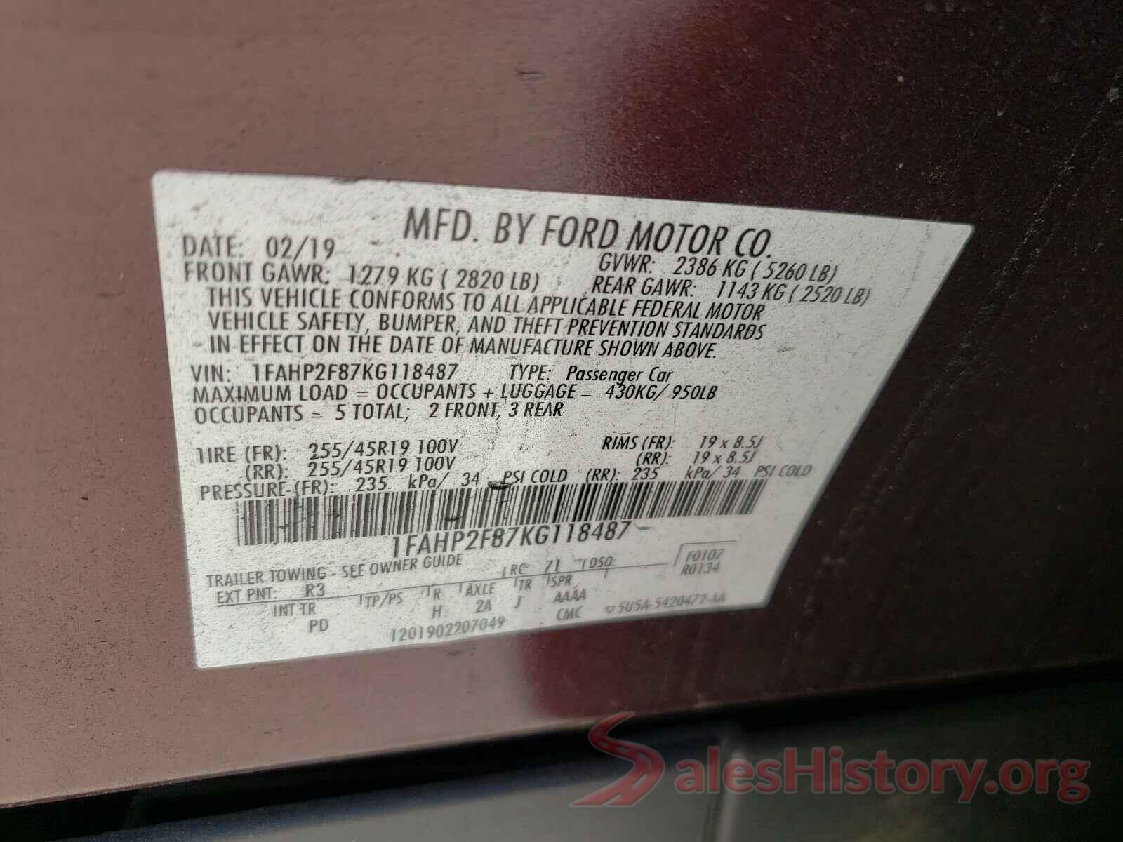 1FAHP2F87KG118487 2019 FORD TAURUS