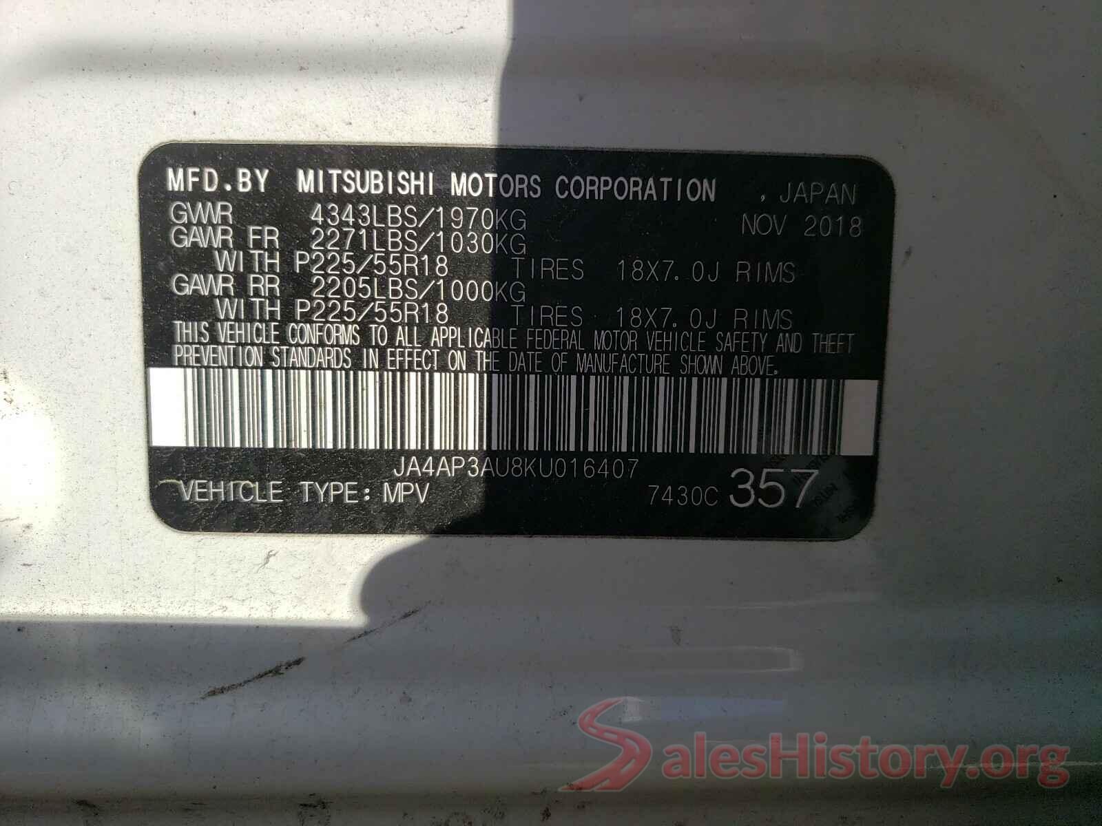 JA4AP3AU8KU016407 2019 MITSUBISHI OUTLANDER