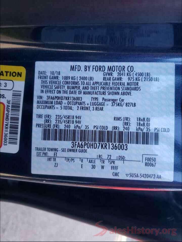 3FA6P0HD7KR136003 2019 FORD FUSION