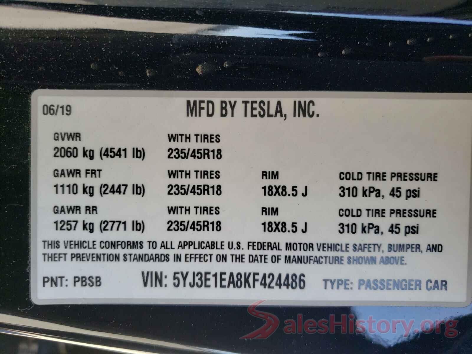 5YJ3E1EA8KF424486 2019 TESLA MODEL 3