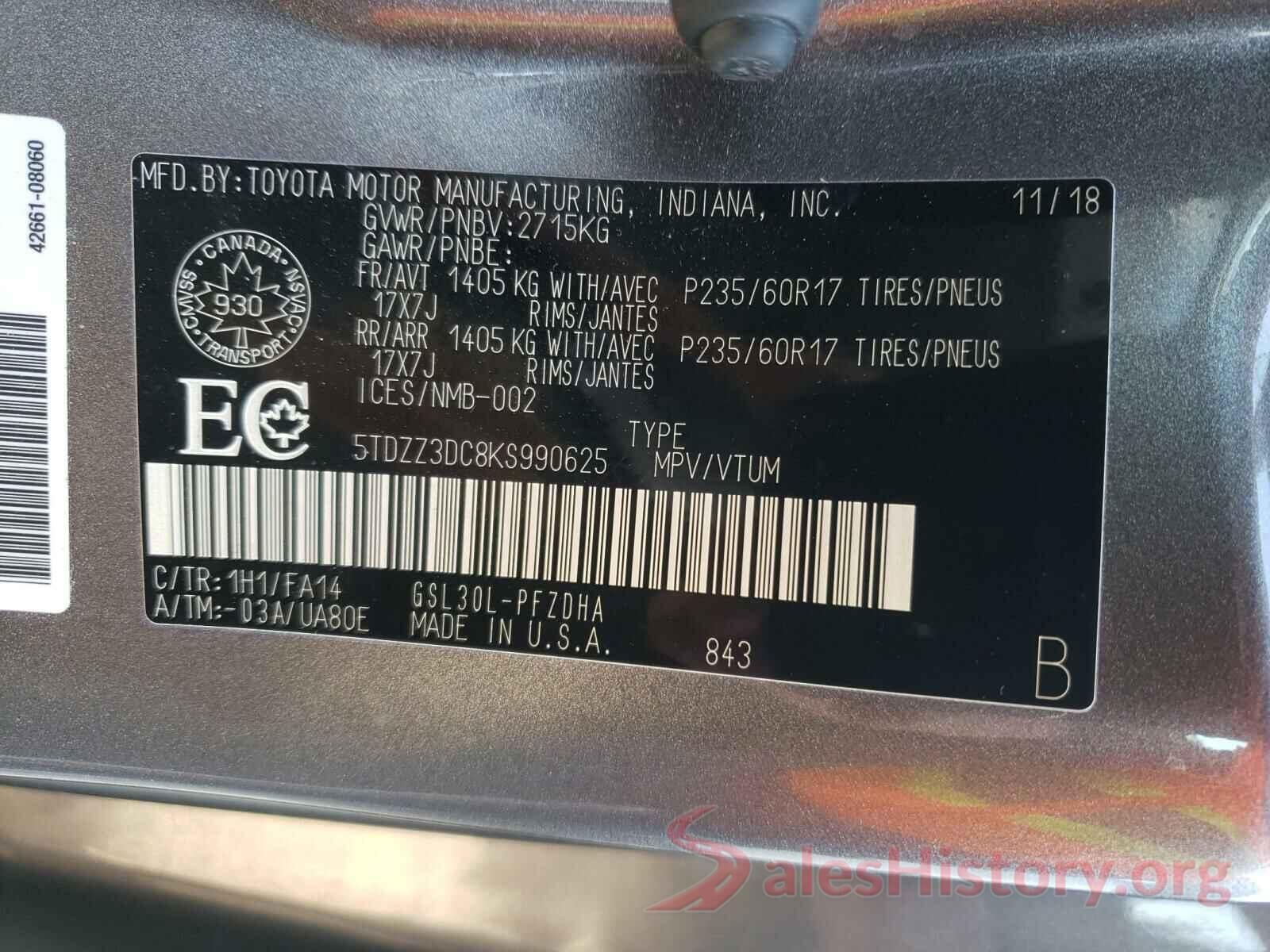 5TDZZ3DC8KS990625 2019 TOYOTA SIENNA