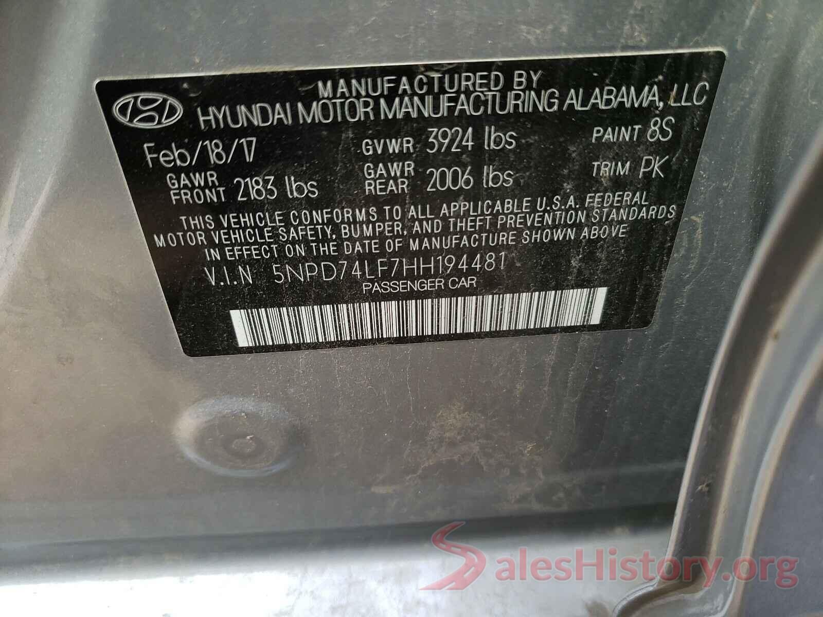 5NPD74LF7HH194481 2017 HYUNDAI ELANTRA