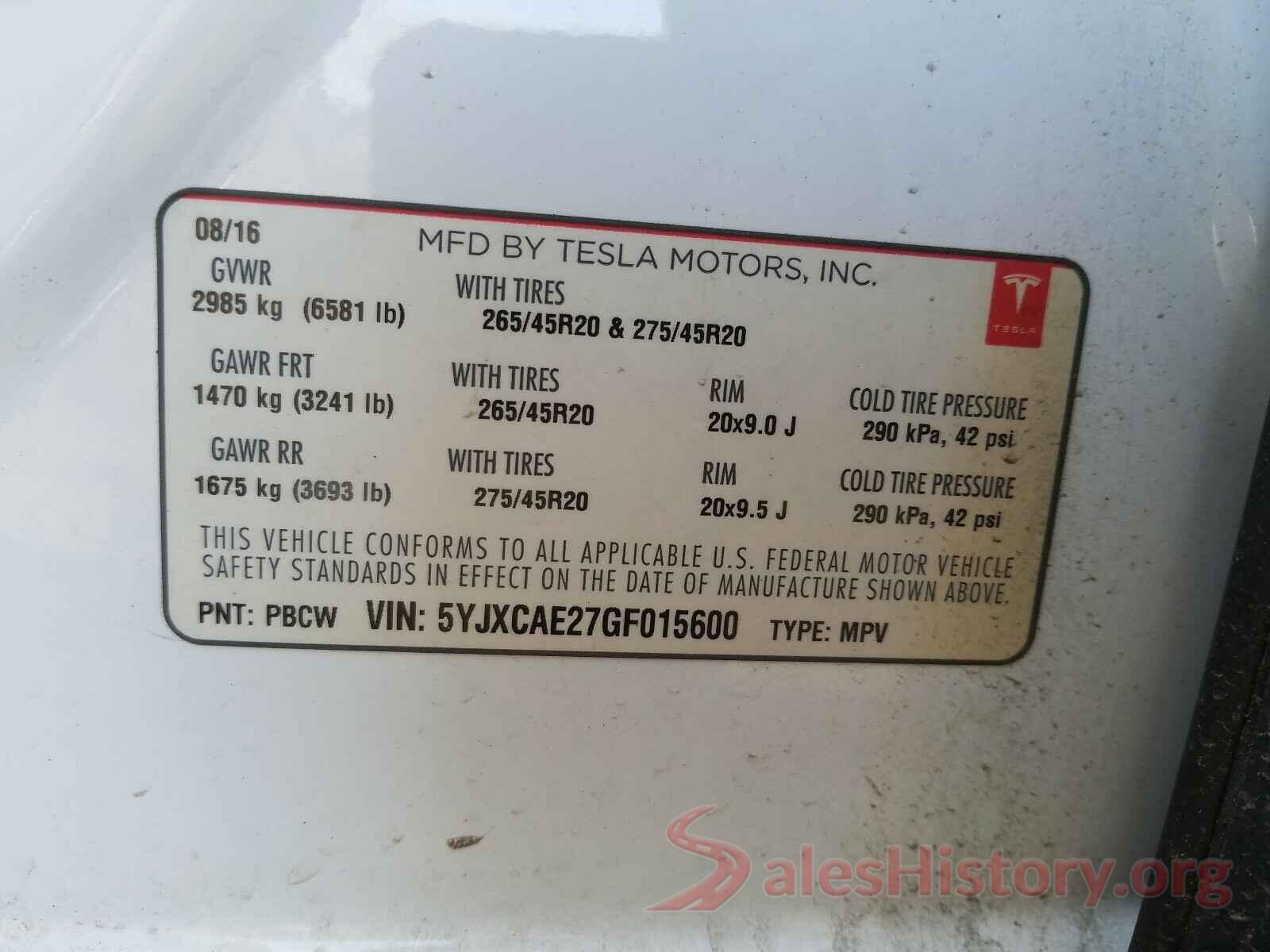 5YJXCAE27GF015600 2016 TESLA MODEL X