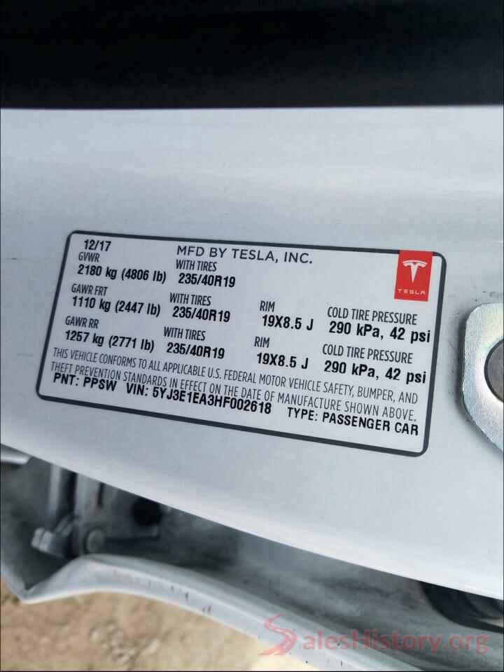 5YJ3E1EA3HF002618 2017 TESLA MODEL 3