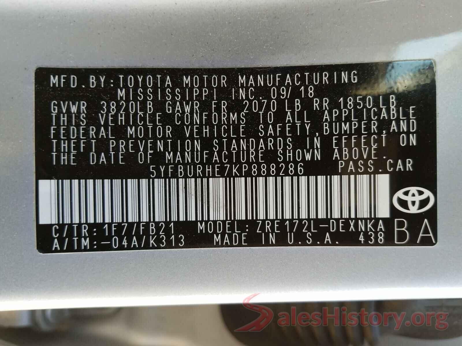 5YFBURHE7KP888286 2019 TOYOTA COROLLA