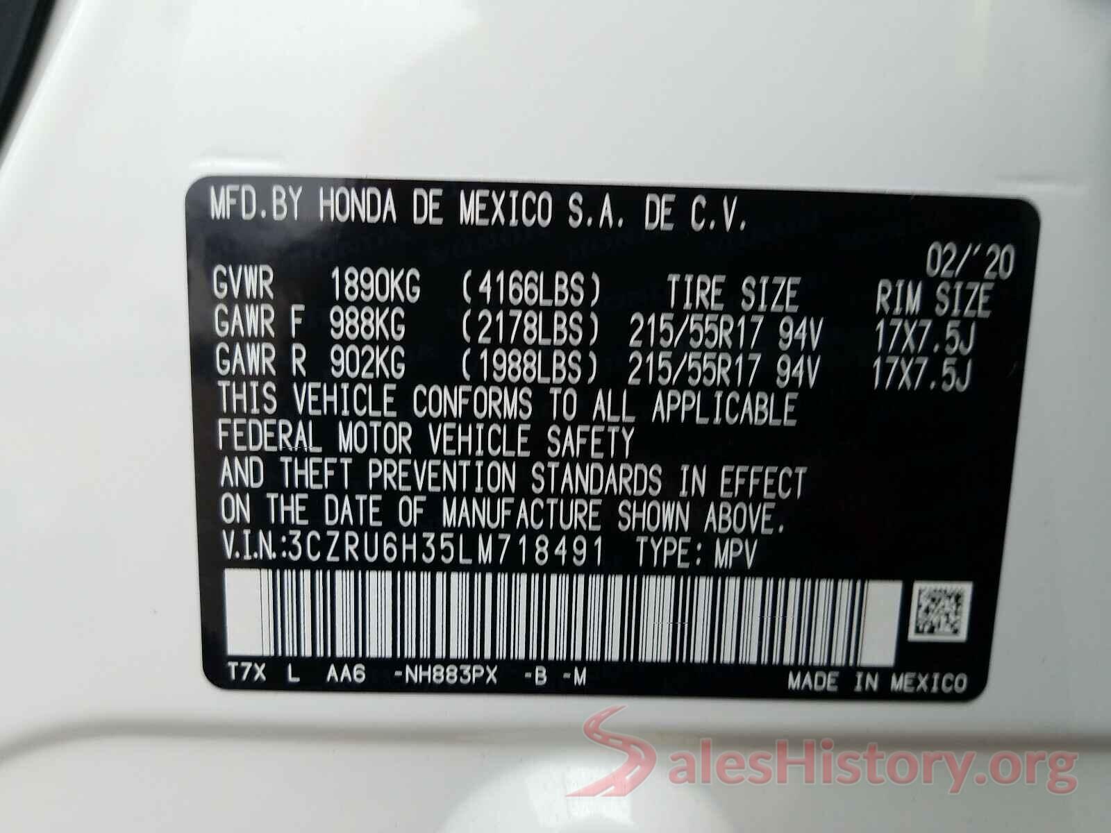 3CZRU6H35LM718491 2020 HONDA HR-V