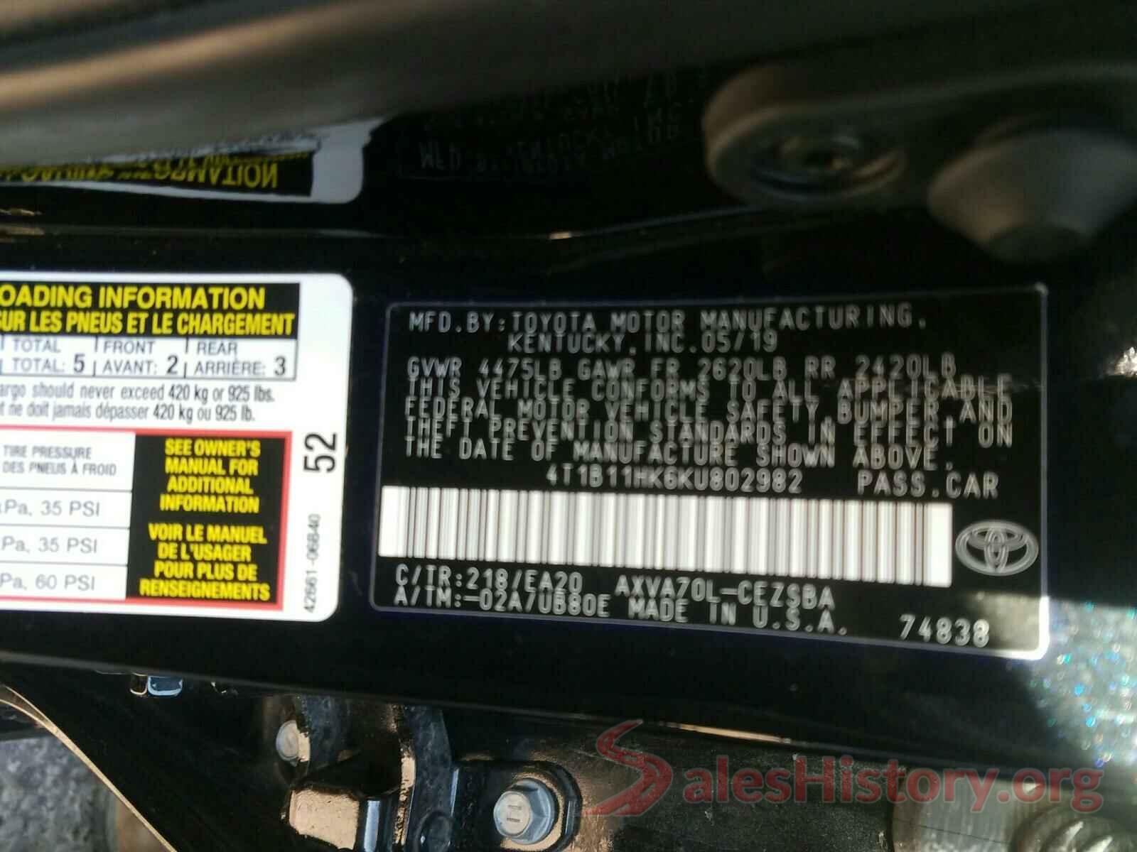 4T1B11HK6KU802982 2019 TOYOTA CAMRY