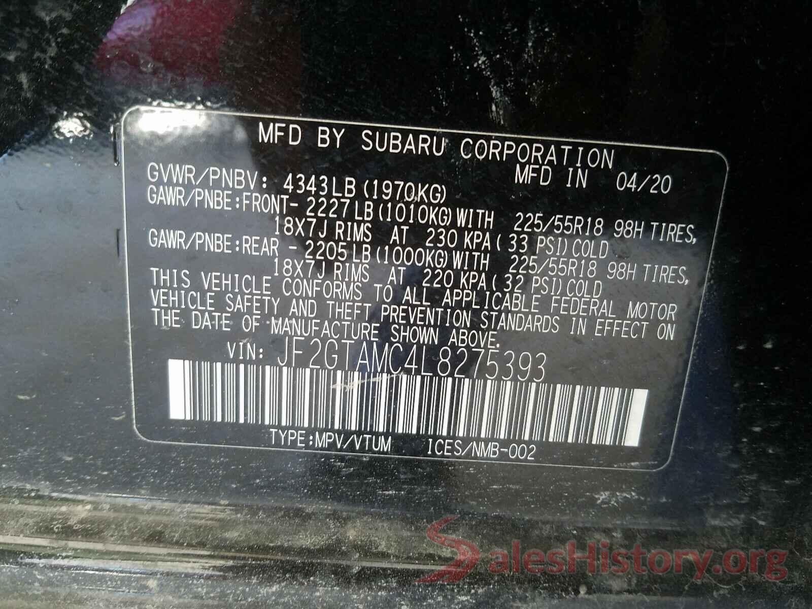 JF2GTAMC4L8275393 2020 SUBARU CROSSTREK