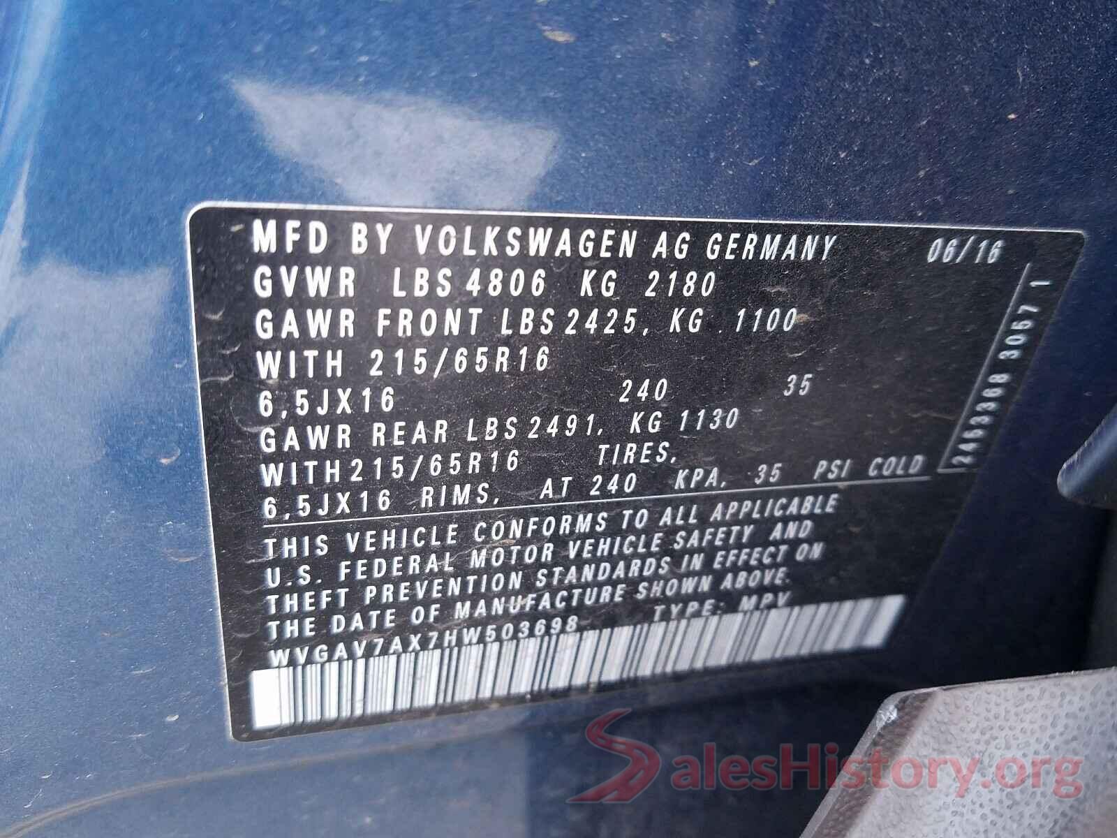 WVGAV7AX7HW503698 2017 VOLKSWAGEN TIGUAN