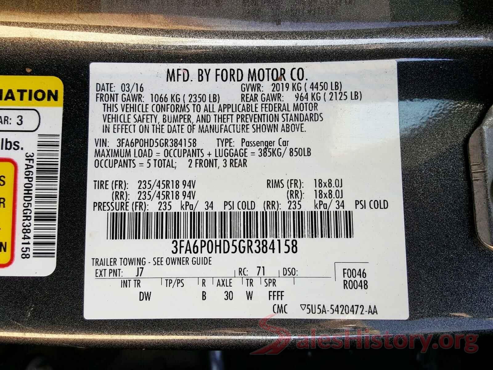 3FA6P0HD5GR384158 2016 FORD FUSION